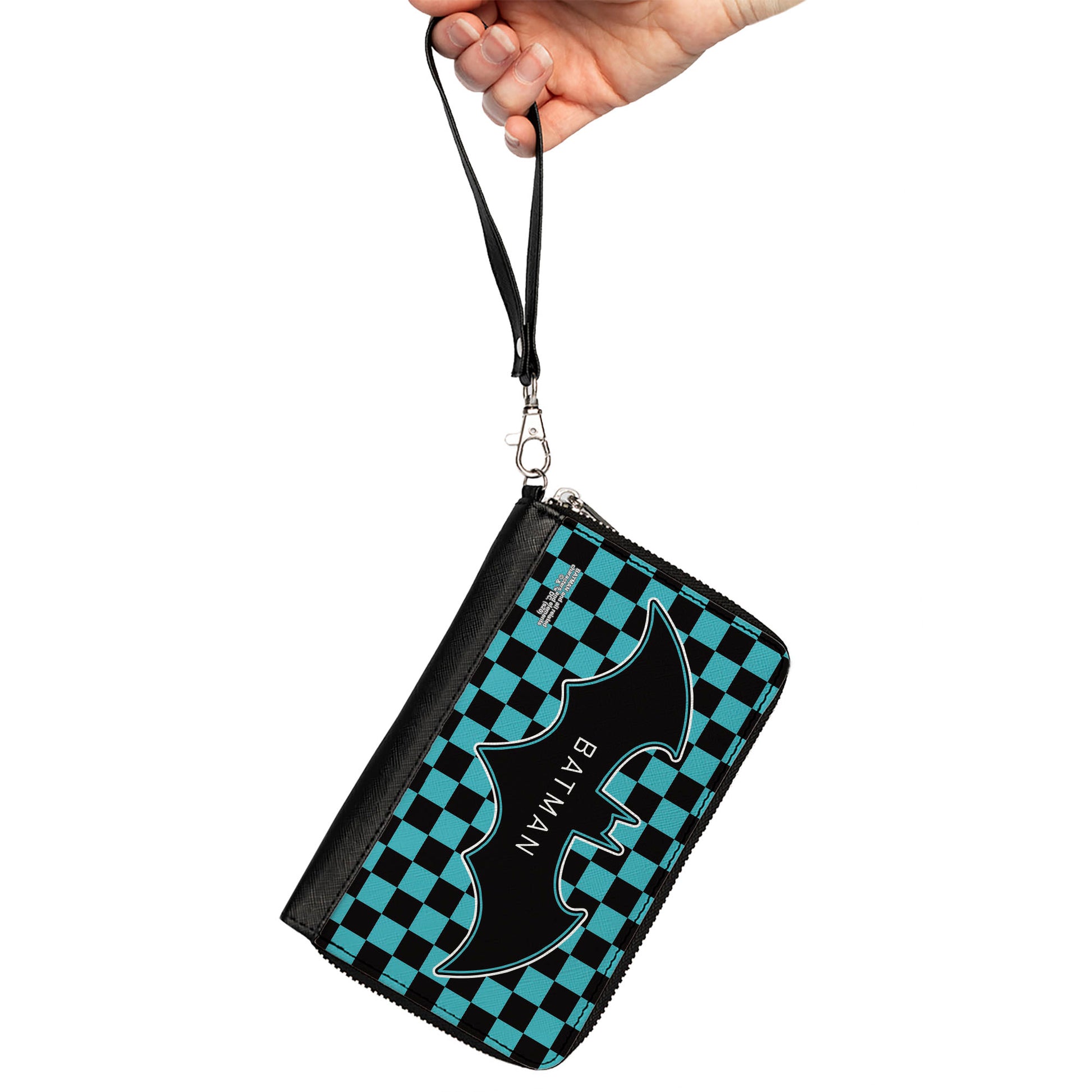 Women's PU Zip Around Wallet Rectangle - BATMAN Bat Logo Close-Up Checker Teal Black Clutch Zip Around Wallets DC Comics   