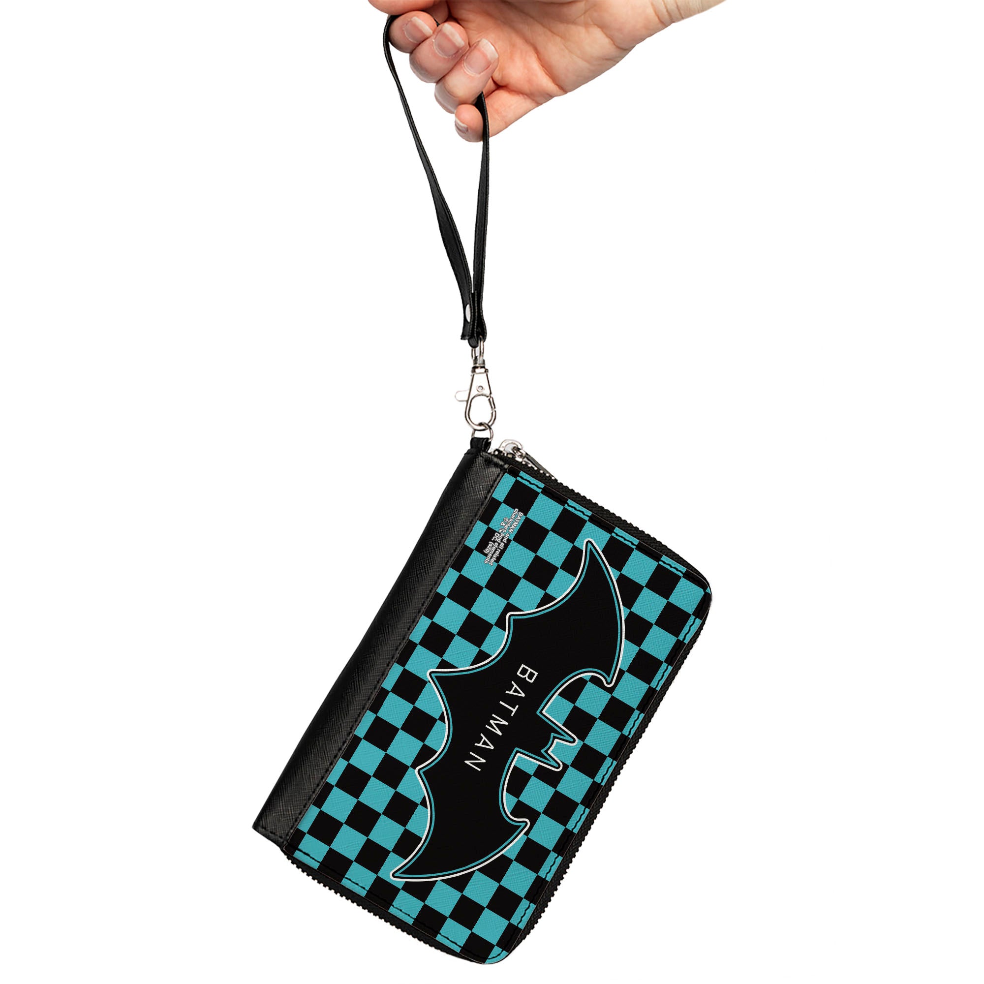 Women's PU Zip Around Wallet Rectangle - BATMAN Bat Logo Close-Up Checker Teal Black Clutch Zip Around Wallets DC Comics   