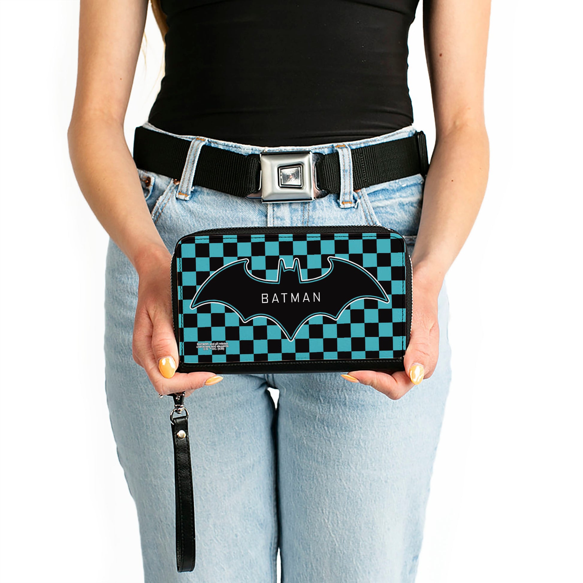 Women's PU Zip Around Wallet Rectangle - BATMAN Bat Logo Close-Up Checker Teal Black Clutch Zip Around Wallets DC Comics   