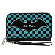 Women's PU Zip Around Wallet Rectangle - BATMAN Bat Logo Close-Up Checker Teal Black Clutch Zip Around Wallets DC Comics   
