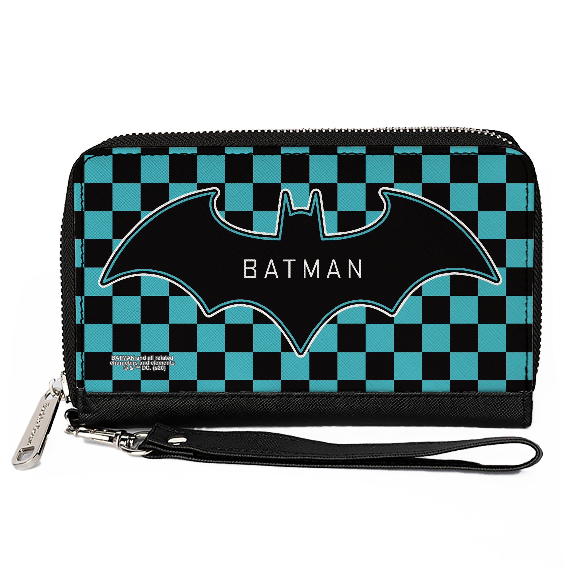 Women's PU Zip Around Wallet Rectangle - BATMAN Bat Logo Close-Up Checker Teal Black Clutch Zip Around Wallets DC Comics   