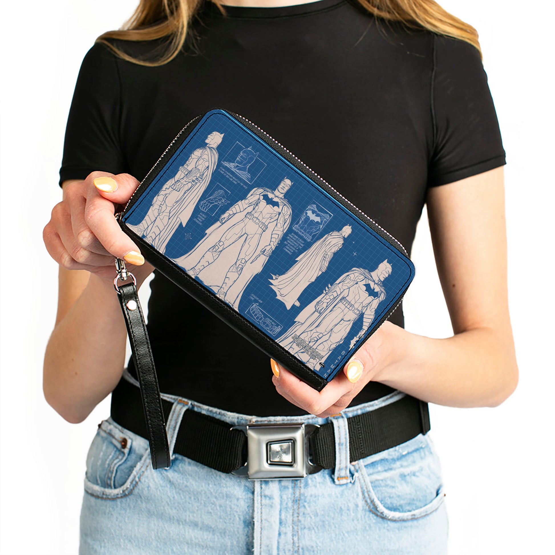 Women's PU Zip Around Wallet Rectangle - Batman Blueprint Tech Poses Blues White Clutch Zip Around Wallets DC Comics   