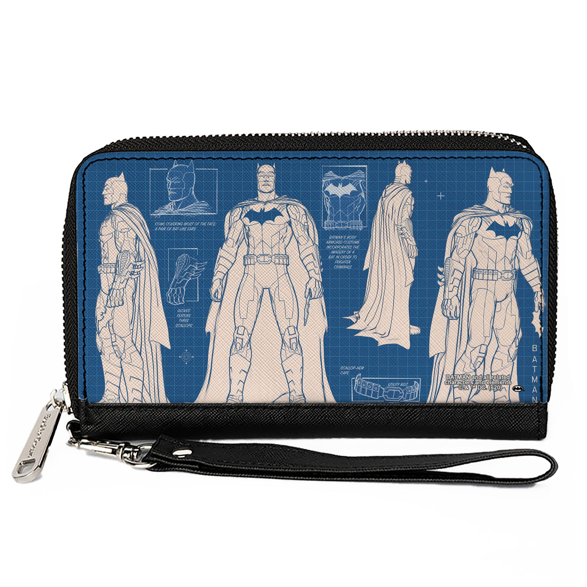 Women's PU Zip Around Wallet Rectangle - Batman Blueprint Tech Poses Blues White Clutch Zip Around Wallets DC Comics   