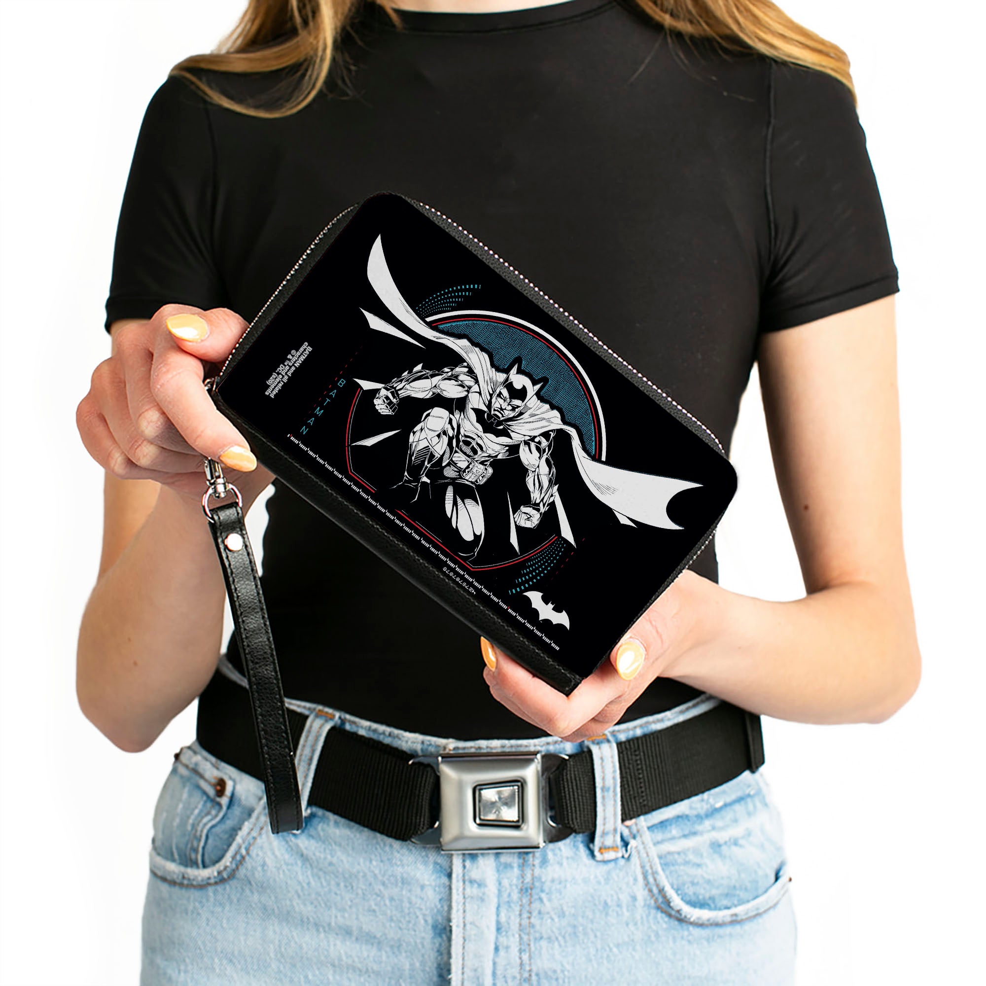 Women's PU Zip Around Wallet Rectangle - Batman Crouching Tech Action Pose Black White Blue Red Clutch Zip Around Wallets DC Comics   