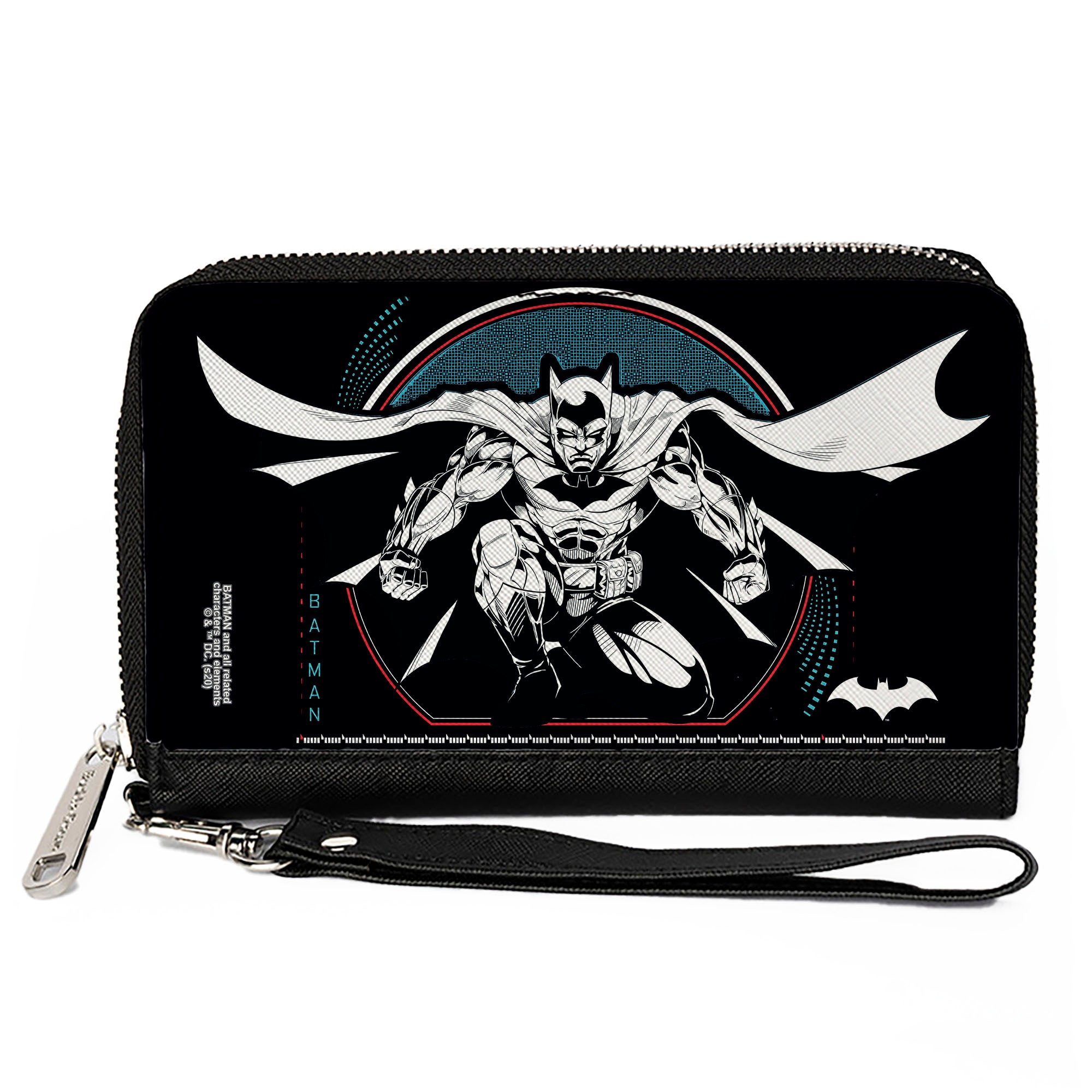 Women's PU Zip Around Wallet Rectangle - Batman Crouching Tech Action Pose Black White Blue Red Clutch Zip Around Wallets DC Comics   