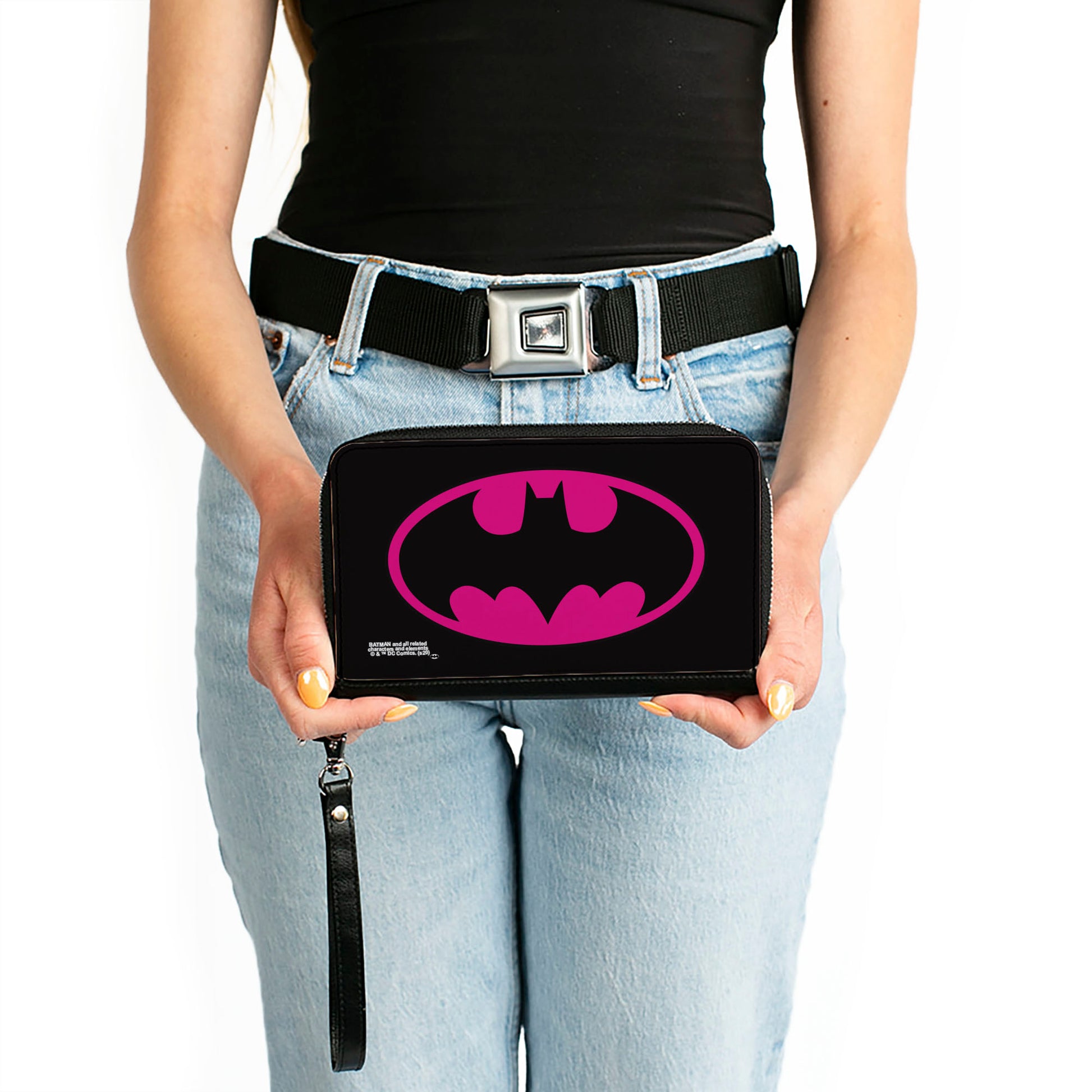 Women's PU Zip Around Wallet Rectangle - Batman Bat Logo Black Fuchsia Clutch Zip Around Wallets DC Comics   