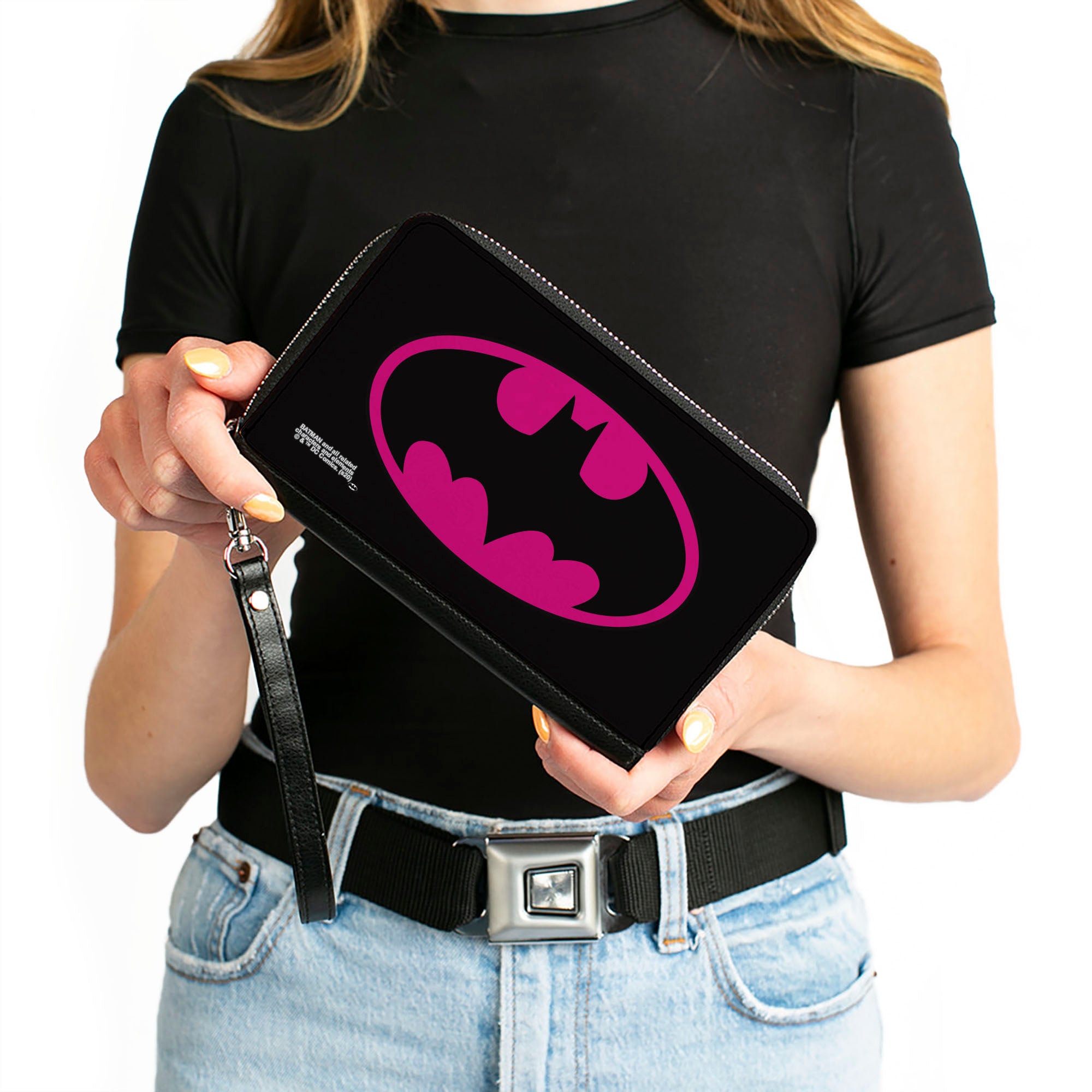 Women's PU Zip Around Wallet Rectangle - Batman Bat Logo Black Fuchsia Clutch Zip Around Wallets DC Comics   