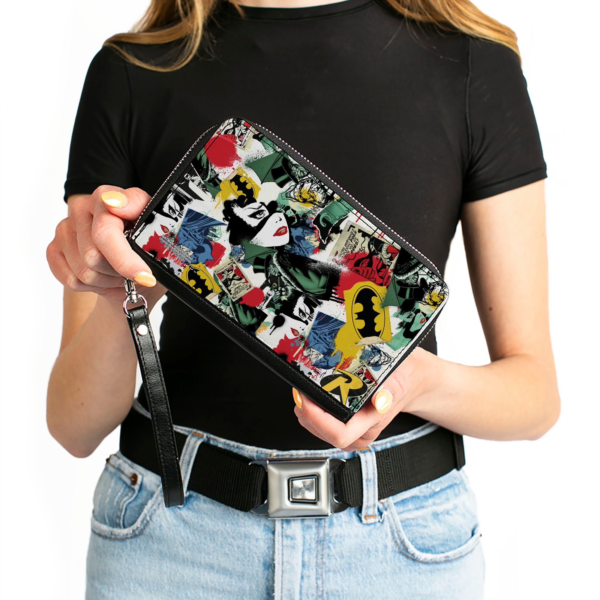 Women's PU Zip Around Wallet Rectangle - Batman and Gotham City Villains Graffiti Collage White Multi Color Clutch Zip Around Wallets DC Comics   