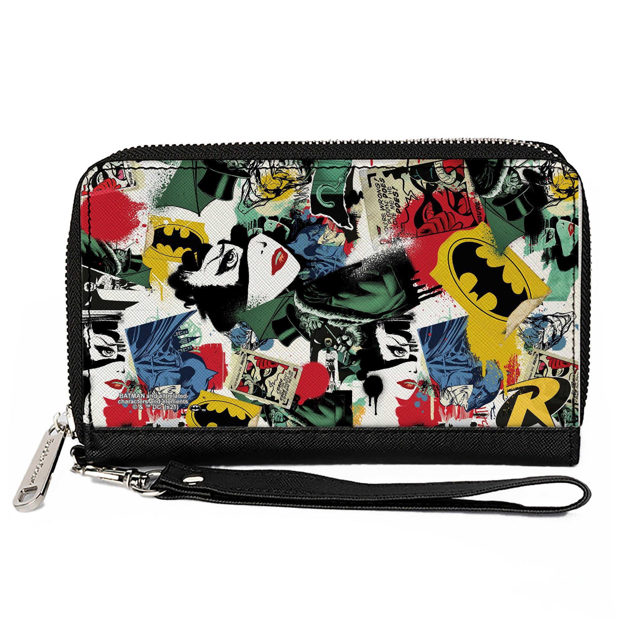 Women's PU Zip Around Wallet Rectangle - Batman and Gotham City Villains Graffiti Collage White Multi Color Clutch Zip Around Wallets DC Comics   