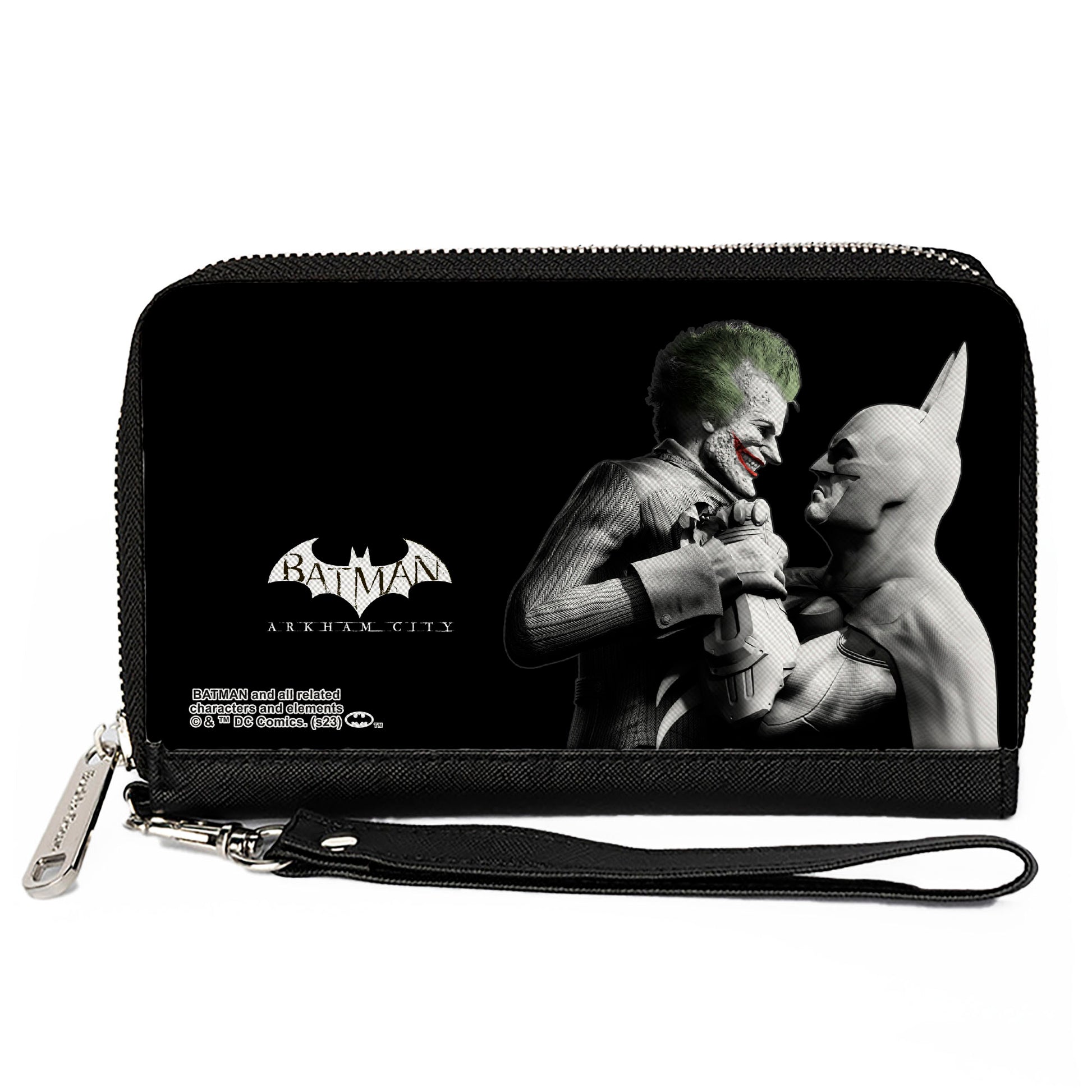 PU Zip Around Wallet Rectangle - BATMAN ARKHAM CITY Batman and Joker Pose Black/Grays Clutch Zip Around Wallets DC Comics   