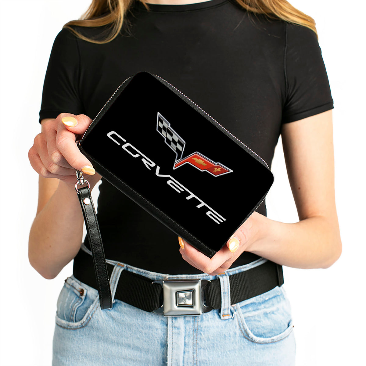 PU Zip Around Wallet Rectangle - CORVETTE C6 Text Logo Black Clutch Zip Around Wallets Corvette