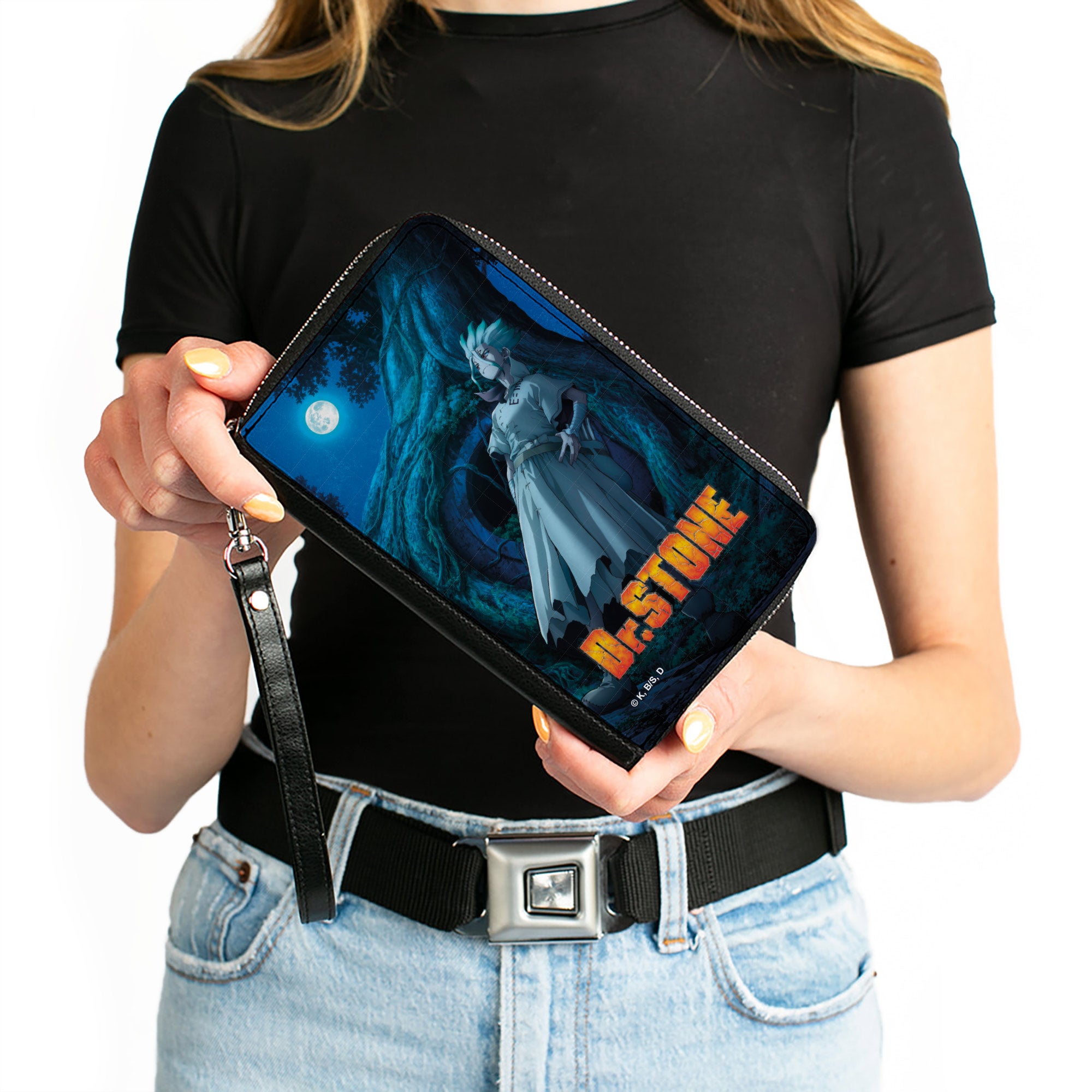 PU Zip Around Wallet Rectangle - DR. STONE Senku Ishigami Full Moon Tree Pose and Title Logo Blues Clutch Zip Around Wallets Dr. Stone