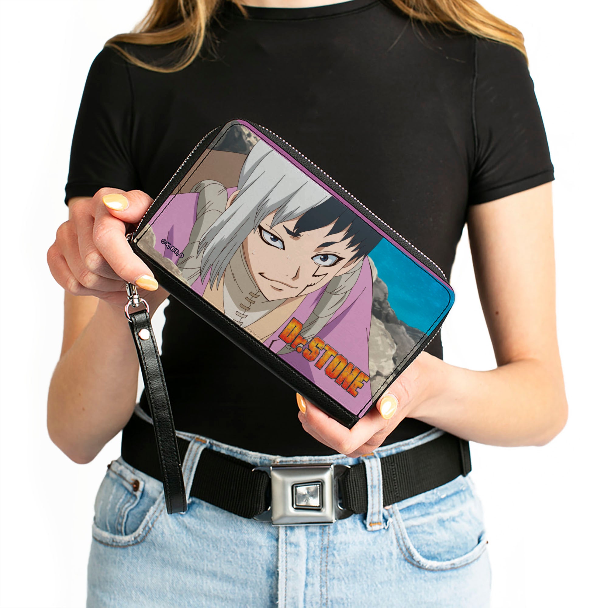 PU Zip Around Wallet Rectangle - DR. STONE Gen Asagiri Hiking Pose and Title Logo Clutch Zip Around Wallets Dr. Stone