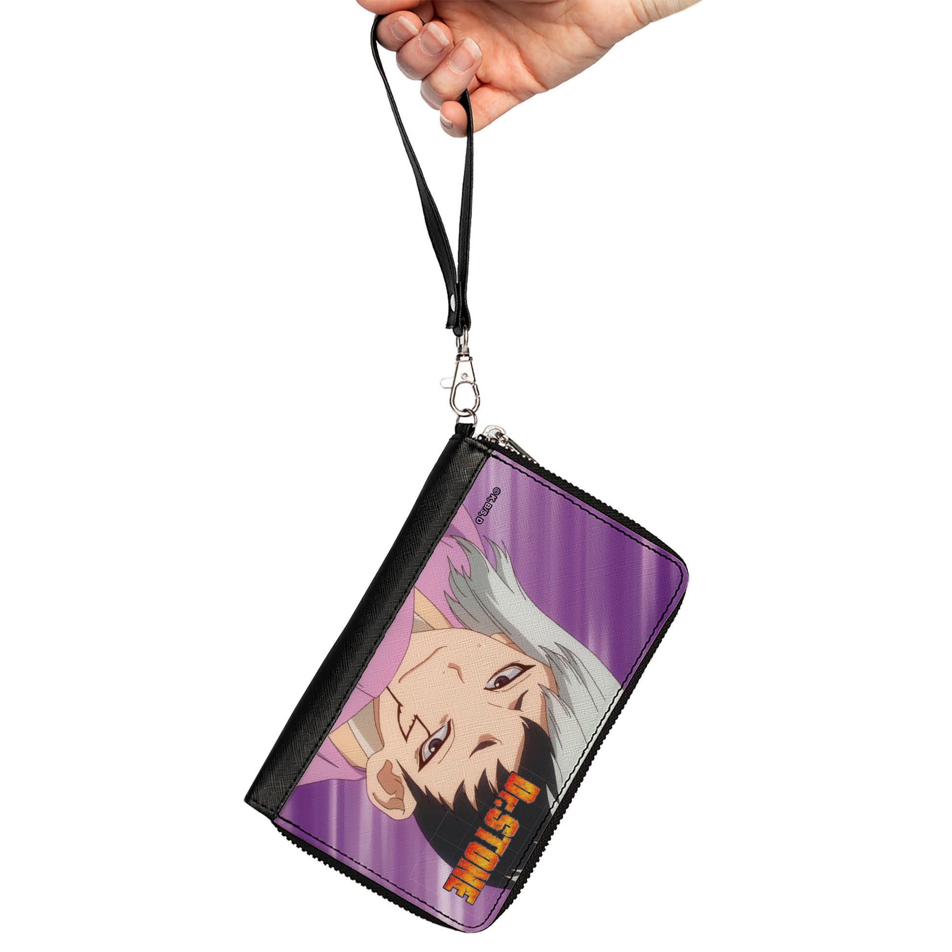 PU Zip Around Wallet Rectangle - DR. STONE Gen Asagiri Face and Title Logo Purples Clutch Zip Around Wallets Dr. Stone