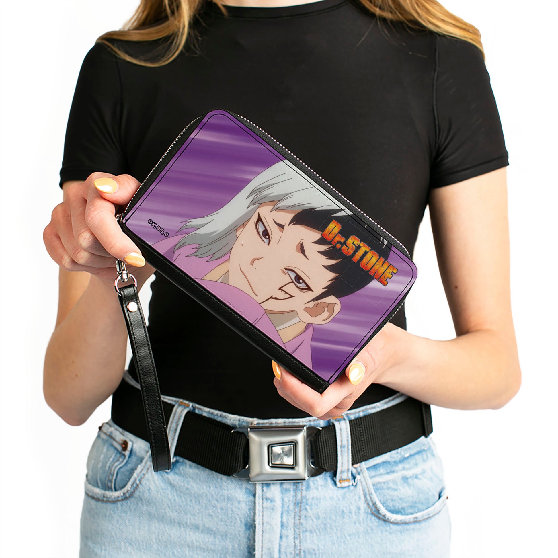 PU Zip Around Wallet Rectangle - DR. STONE Gen Asagiri Face and Title Logo Purples Clutch Zip Around Wallets Dr. Stone