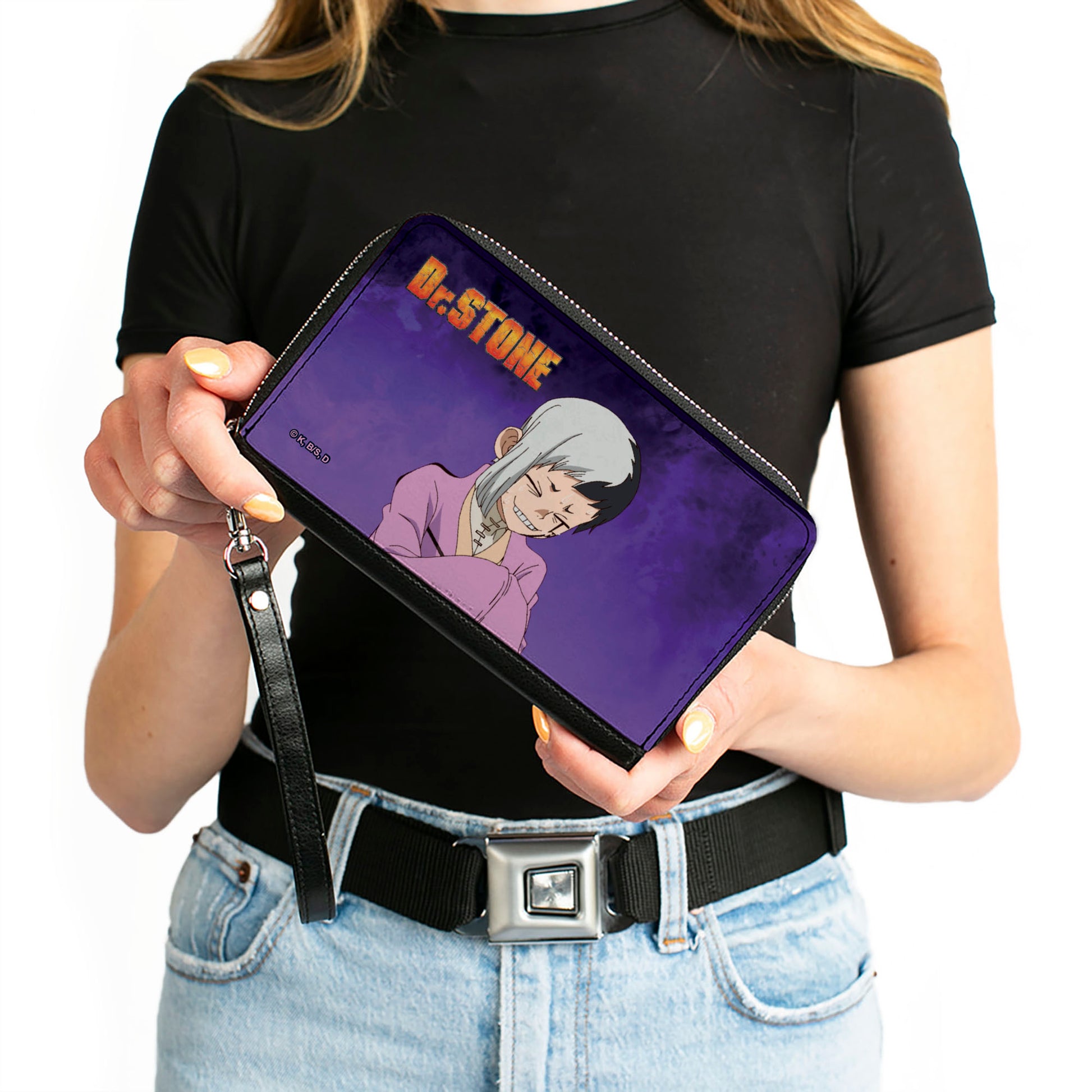 PU Zip Around Wallet Rectangle - DR. STONE Gen Asagiri Laughing Pose Title Logo Purples Clutch Zip Around Wallets Dr. Stone