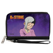 PU Zip Around Wallet Rectangle - DR. STONE Gen Asagiri Laughing Pose Title Logo Purples Clutch Zip Around Wallets Dr. Stone