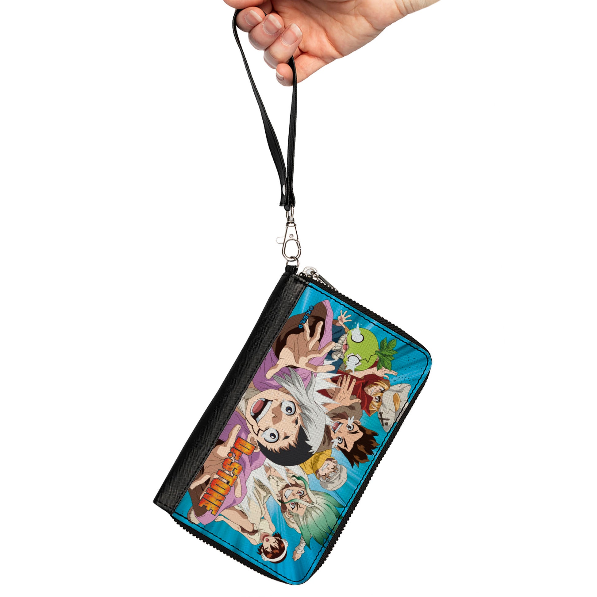 PU Zip Around Wallet Rectangle - DR. STONE Character Group Rays Pose and Title Logo Blues Clutch Zip Around Wallets Dr. Stone