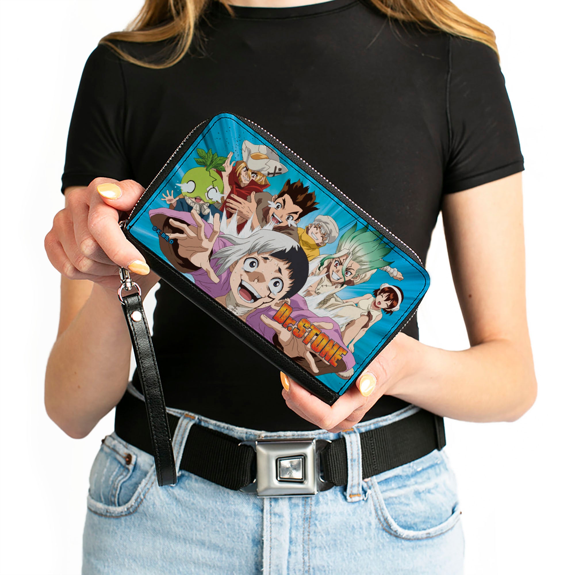 PU Zip Around Wallet Rectangle - DR. STONE Character Group Rays Pose and Title Logo Blues Clutch Zip Around Wallets Dr. Stone