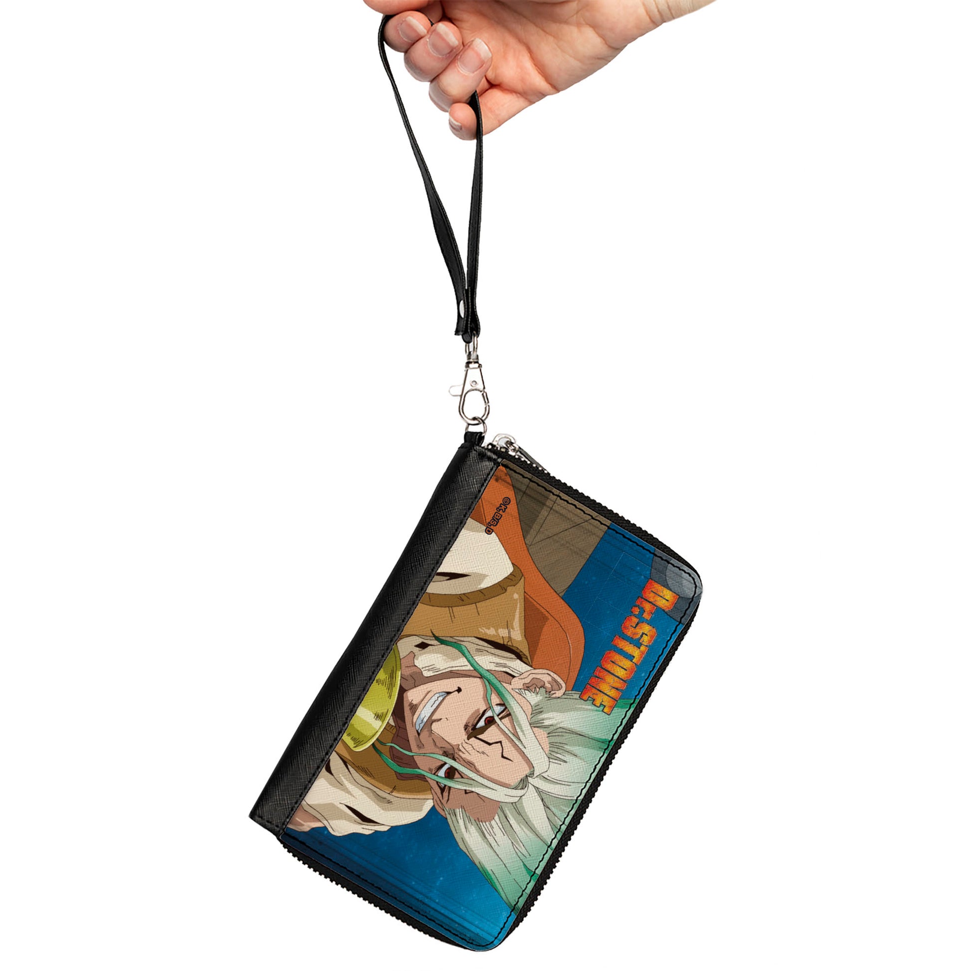 PU Zip Around Wallet Rectangle - DR. STONE Senku Ishigami Grinning Pose and Title Logo Blues Clutch Zip Around Wallets Dr. Stone