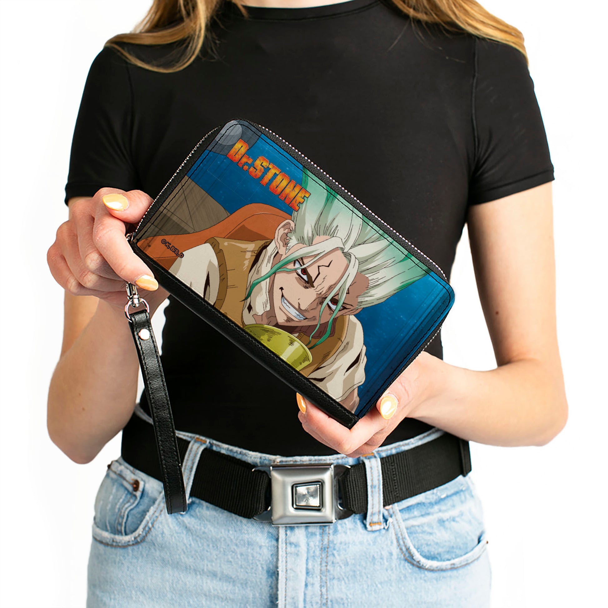 PU Zip Around Wallet Rectangle - DR. STONE Senku Ishigami Grinning Pose and Title Logo Blues Clutch Zip Around Wallets Dr. Stone