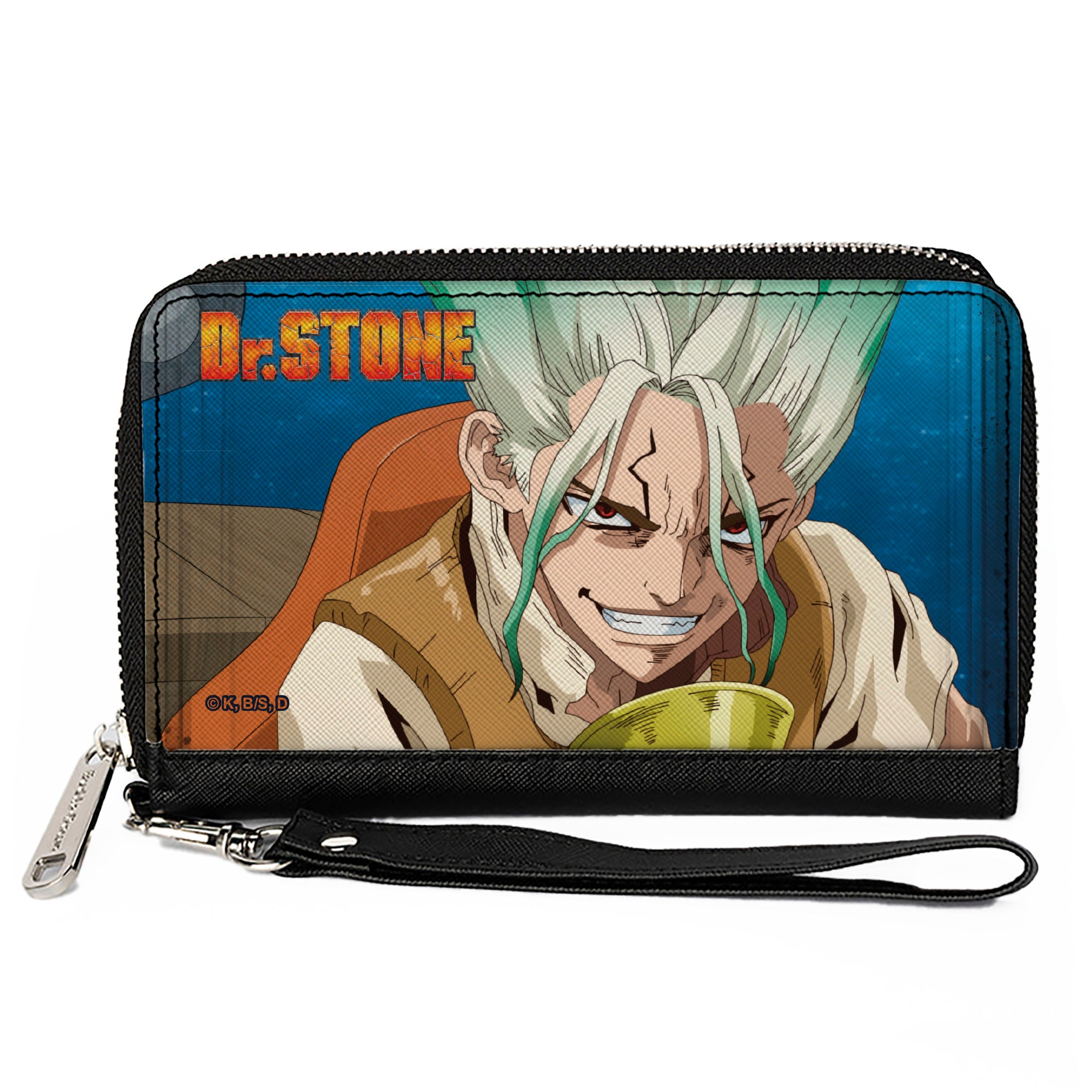 PU Zip Around Wallet Rectangle - DR. STONE Senku Ishigami Grinning Pose and Title Logo Blues Clutch Zip Around Wallets Crunchyroll