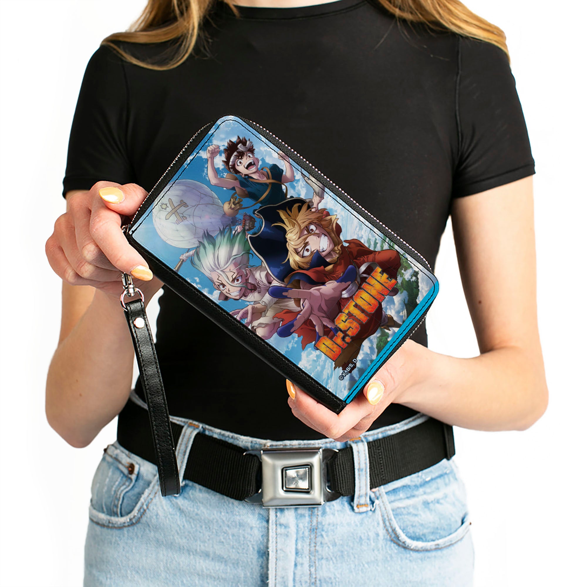 PU Zip Around Wallet Rectangle - DR. STONE Three Character Group Pose and Title Logo Clutch Zip Around Wallets Dr. Stone