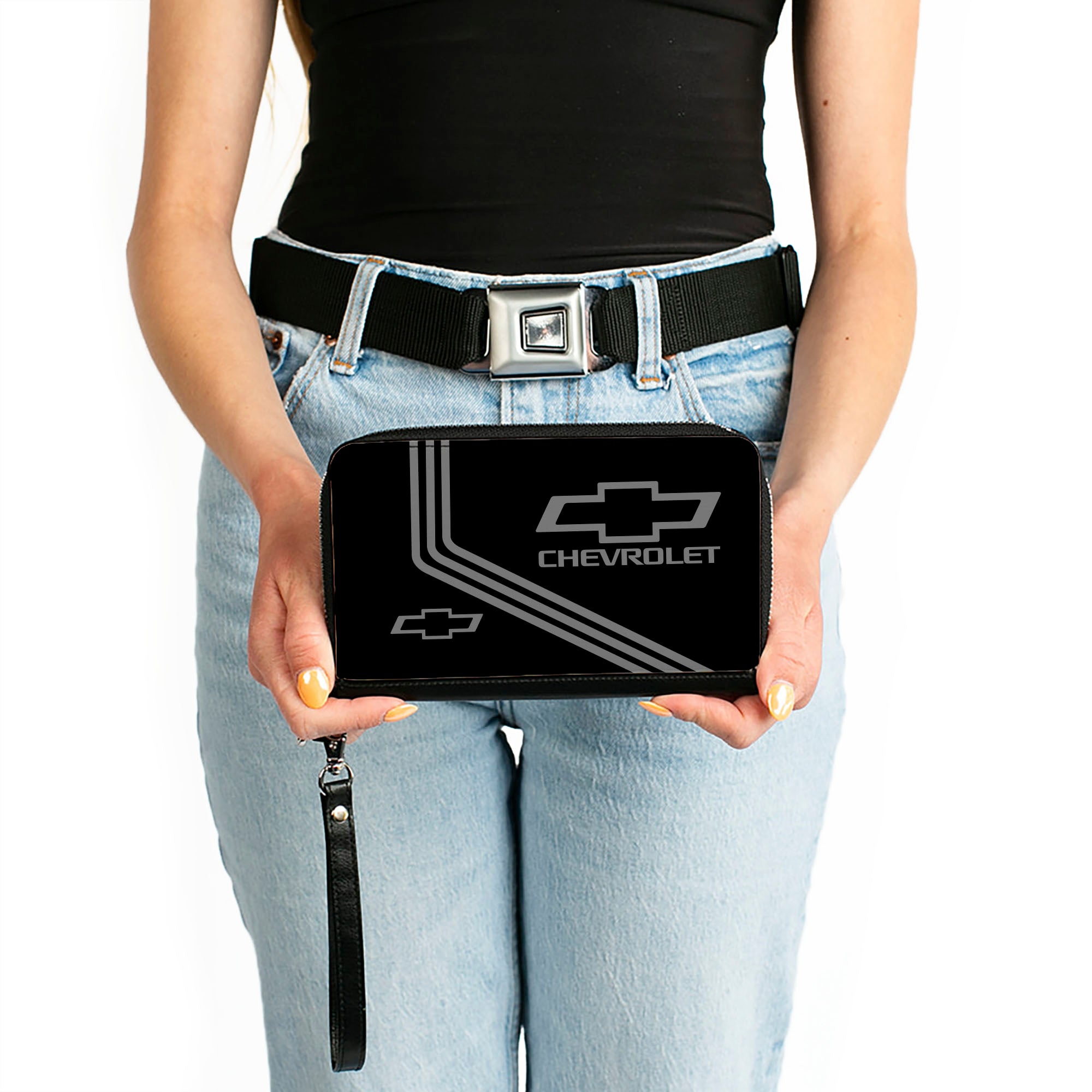 PU Zip Around Wallet Rectangle - CHEVROLET Bowtie Logo and Stripes Black/Gray Clutch Zip Around Wallets GM General Motors   