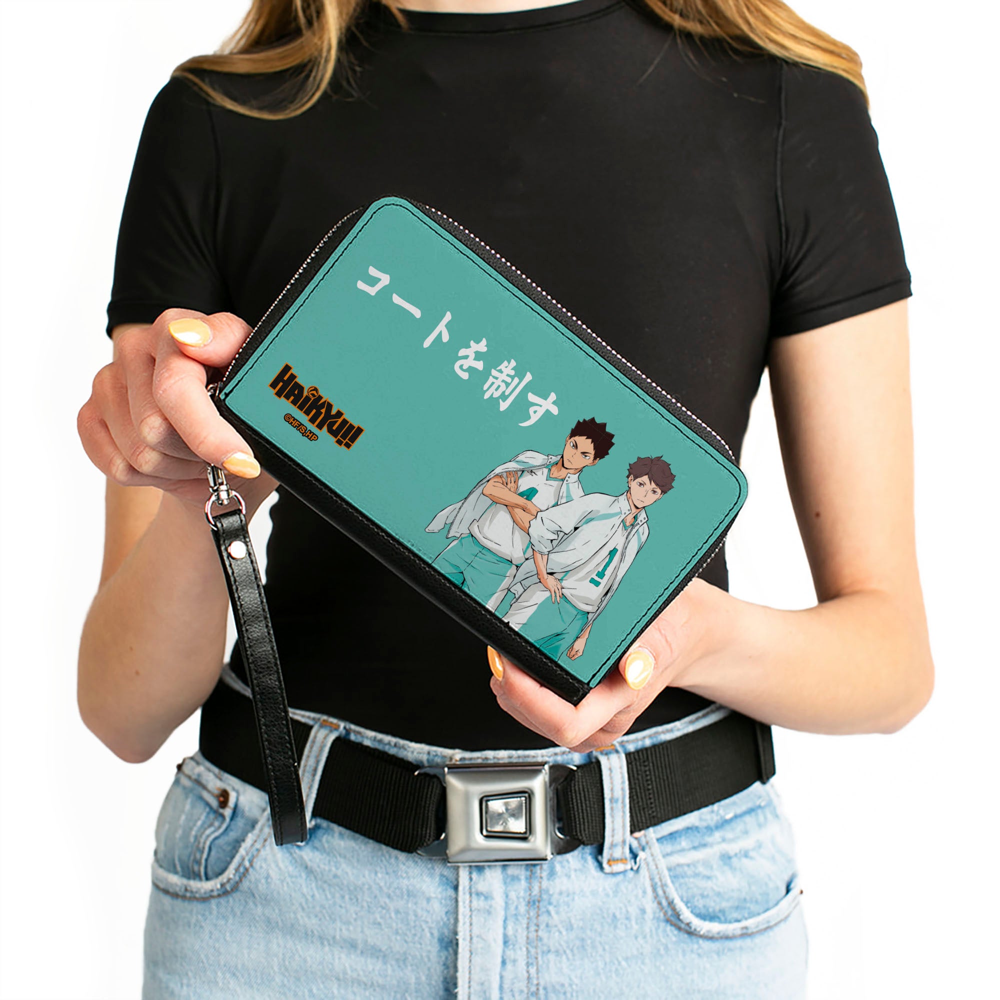 PU Zip Around Wallet Rectangle - HAIKYU Aoba Johsai High Ikawa and Iwaizumi Pose Turquoise Clutch Zip Around Wallets Haikyu!!