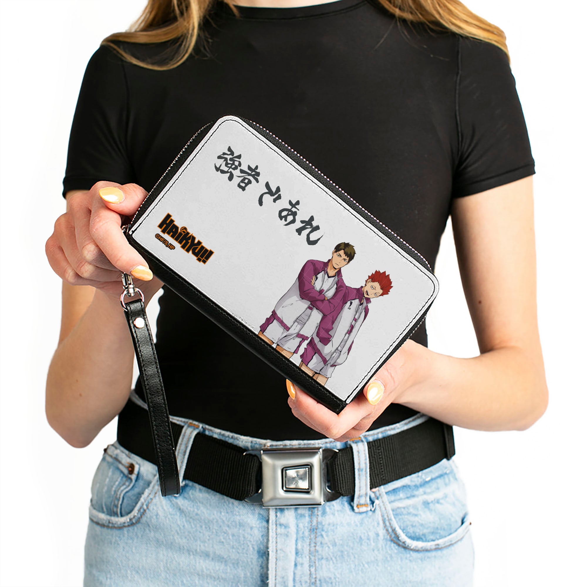 PU Zip Around Wallet Rectangle - HAIKYU Shiratorizawa Academy Tendo and Ushjima STRONG MAN Pose White Clutch Zip Around Wallets Haikyu!!