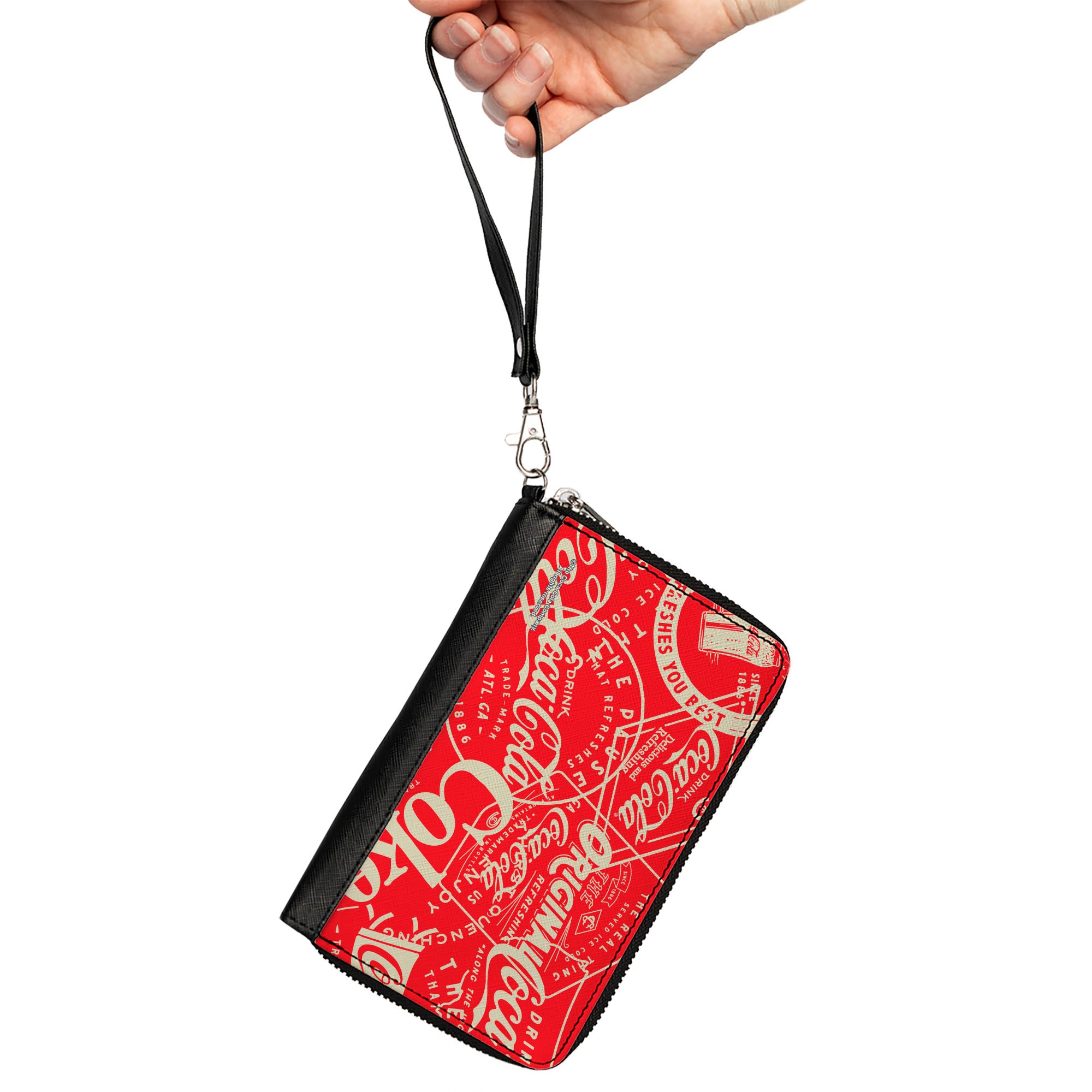 PU Zip Around Wallet Rectangle - Vintage Coca-Cola Coke Icons and Ad Logos Red/White Clutch Zip Around Wallets Coca-Cola