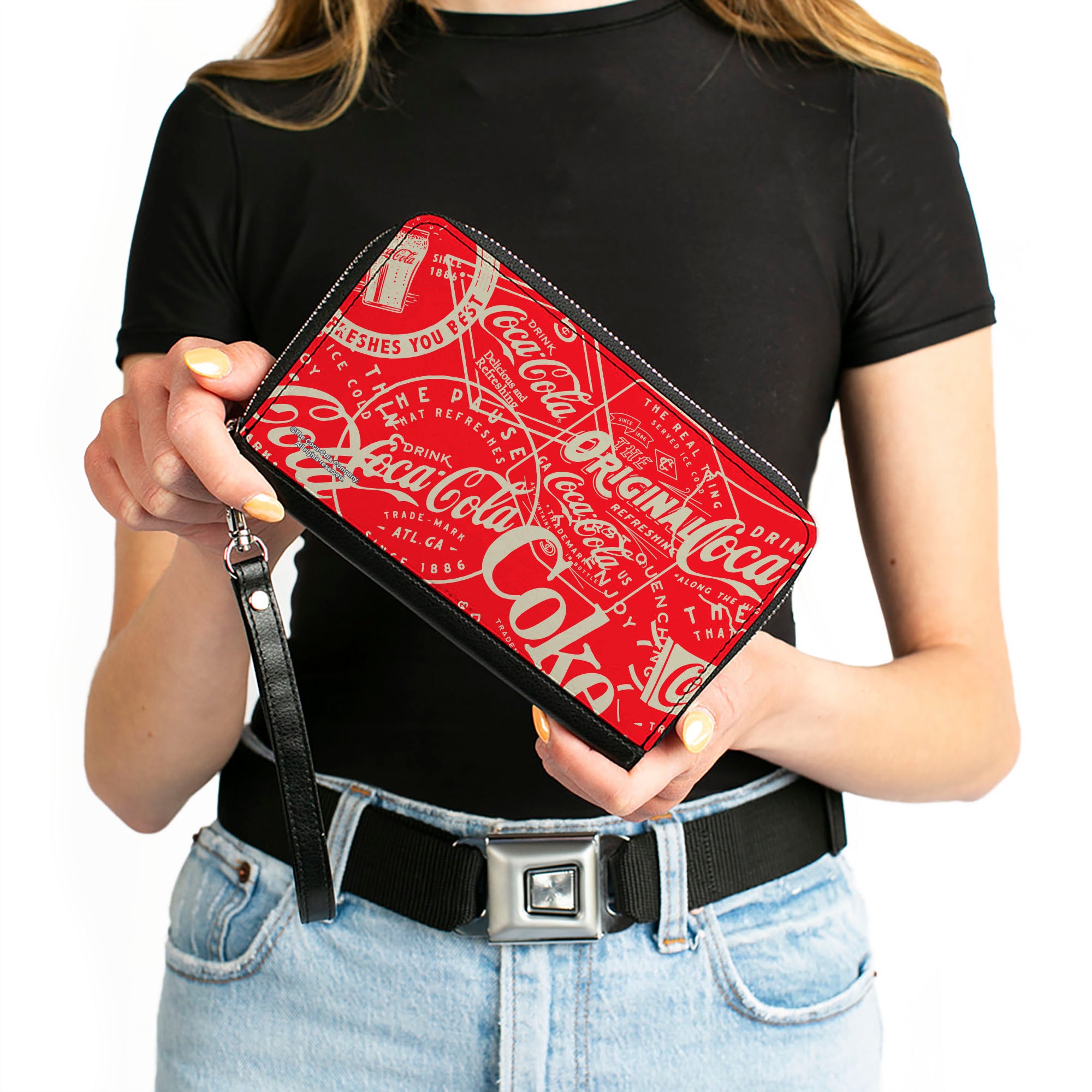 PU Zip Around Wallet Rectangle - Vintage Coca-Cola Coke Icons and Ad Logos Red/White Clutch Zip Around Wallets Coca-Cola