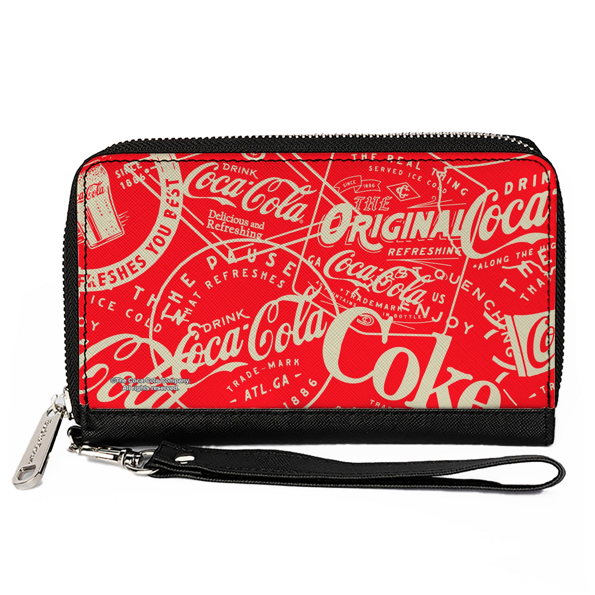 PU Zip Around Wallet Rectangle - Vintage Coca-Cola Coke Icons and Ad Logos Red/White Clutch Zip Around Wallets Coca-Cola