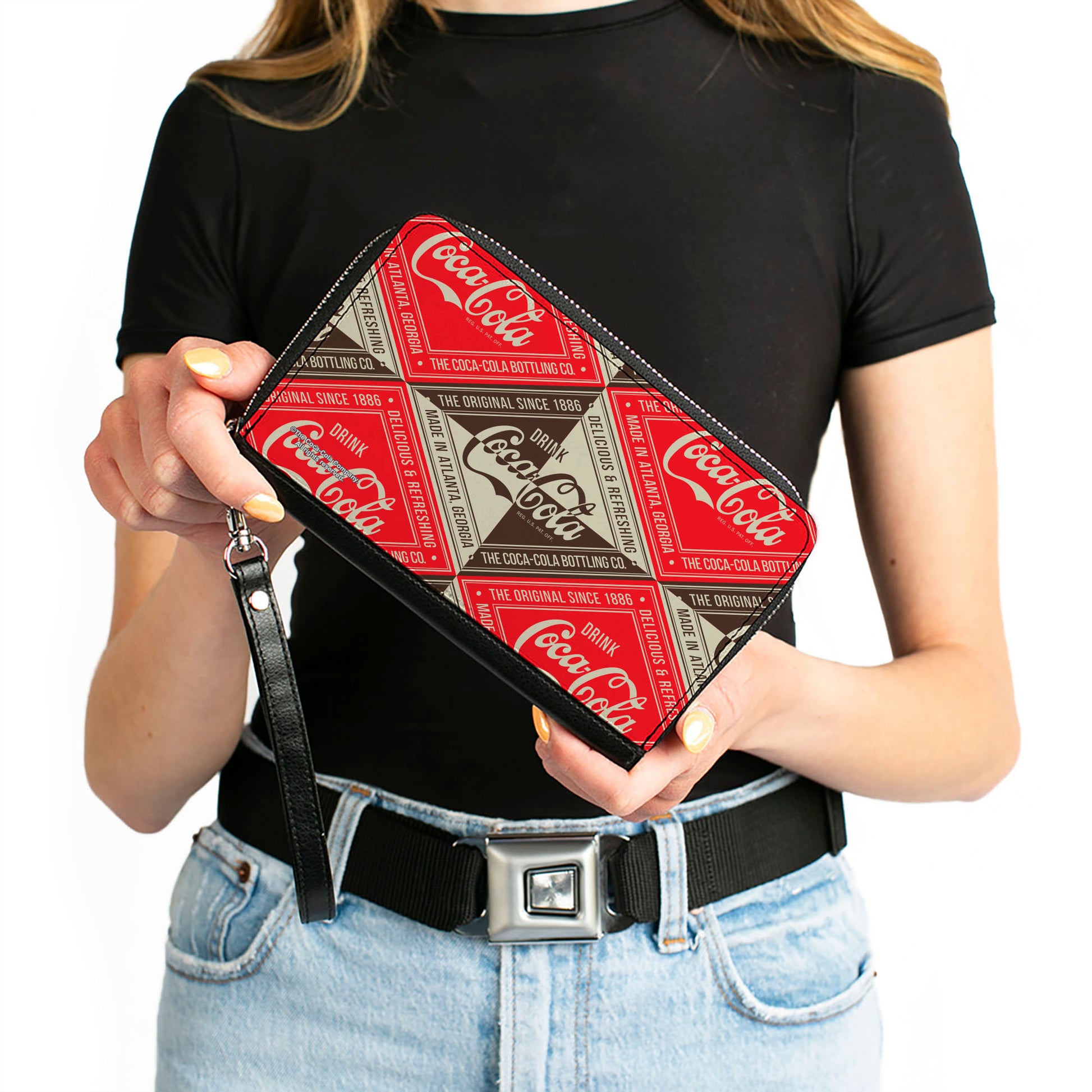 PU Zip Around Wallet Rectangle - DRINK COCA-COLA DELICIOUS & REFRESHING Blocks Red/Brown/White Clutch Zip Around Wallets Coca-Cola