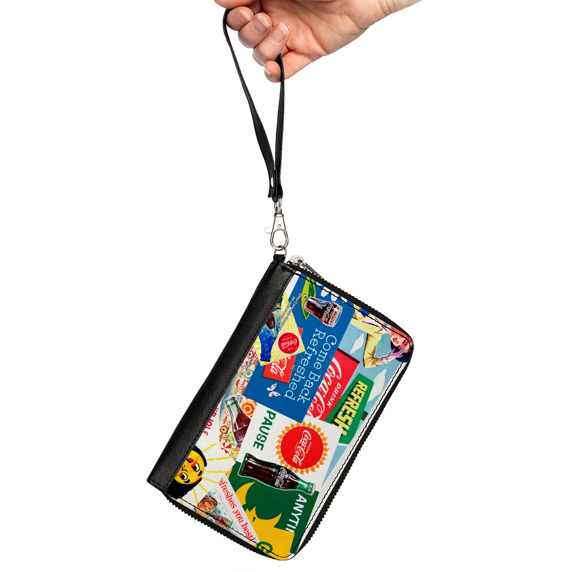 PU Zip Around Wallet Rectangle - Vintage Coca-Cola COME BACK REFRESHED Ads and Icons Collage Clutch Zip Around Wallets Coca-Cola
