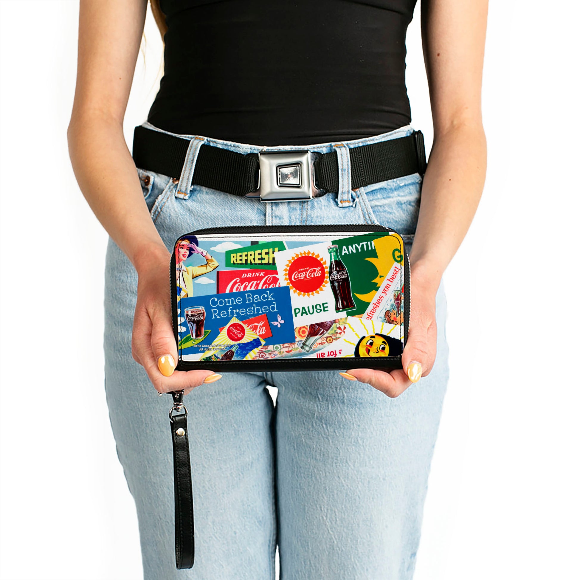 PU Zip Around Wallet Rectangle - Vintage Coca-Cola COME BACK REFRESHED Ads and Icons Collage Clutch Zip Around Wallets Coca-Cola