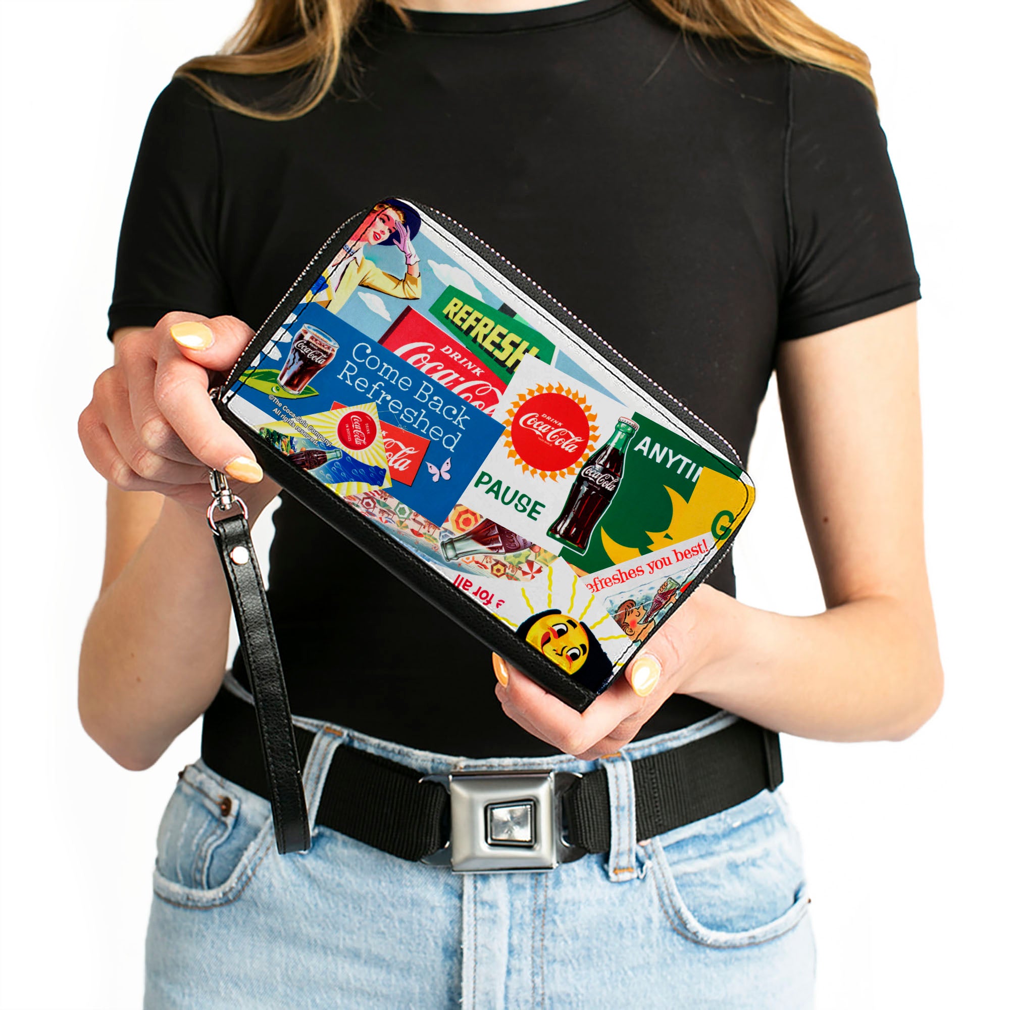PU Zip Around Wallet Rectangle - Vintage Coca-Cola COME BACK REFRESHED Ads and Icons Collage Clutch Zip Around Wallets Coca-Cola