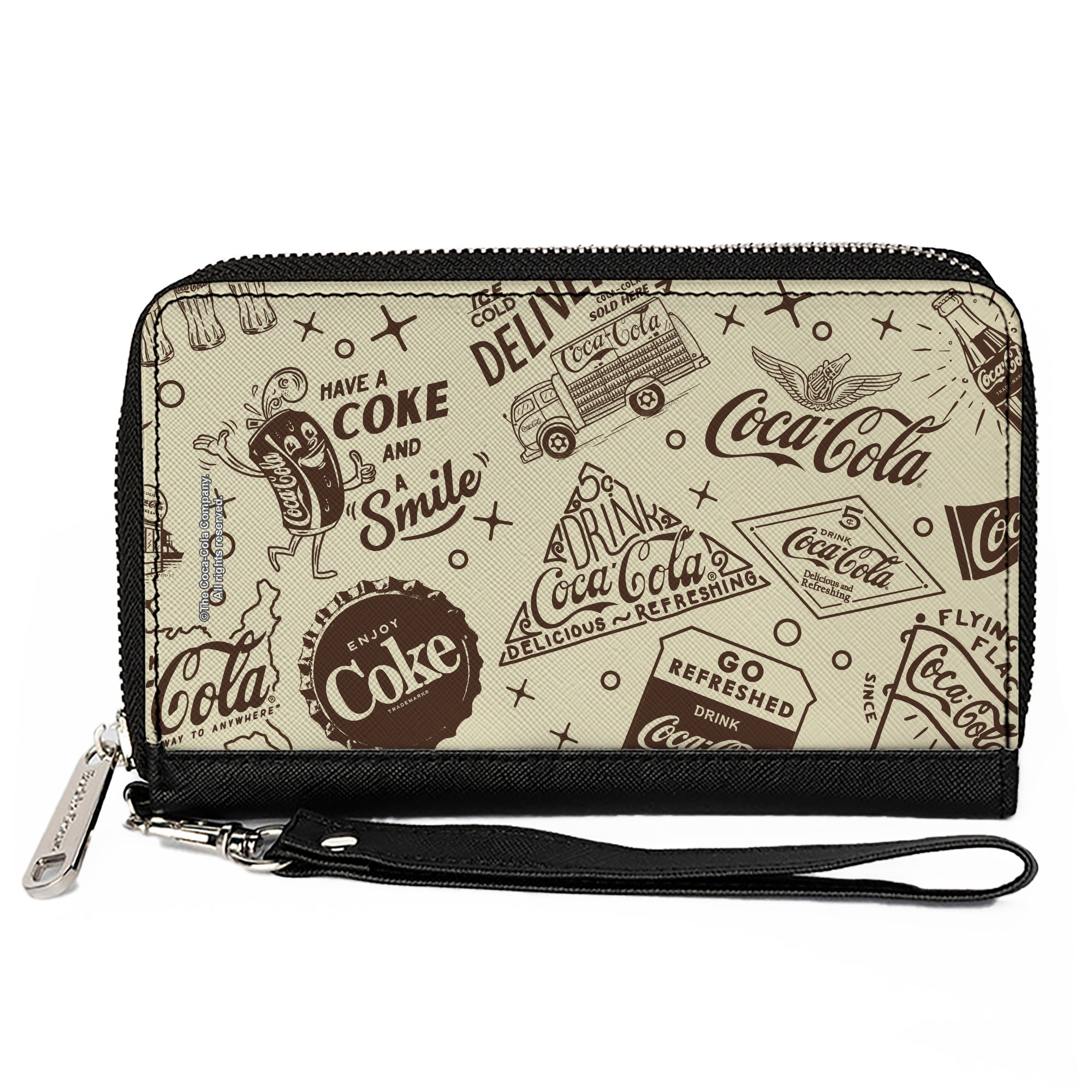 PU Zip Around Wallet Rectangle - Vintage Coca-Cola HAVE A COKE AND SMILE Icons Collage Beige/Brown Clutch Zip Around Wallets Coca-Cola