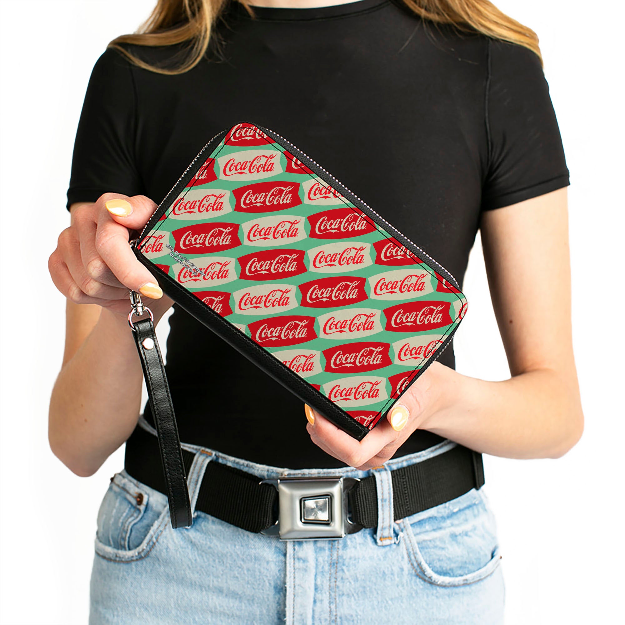 PU Zip Around Wallet Rectangle - Coca-Cola Script Marquee Logo Green/Red/White Clutch Zip Around Wallets Coca-Cola