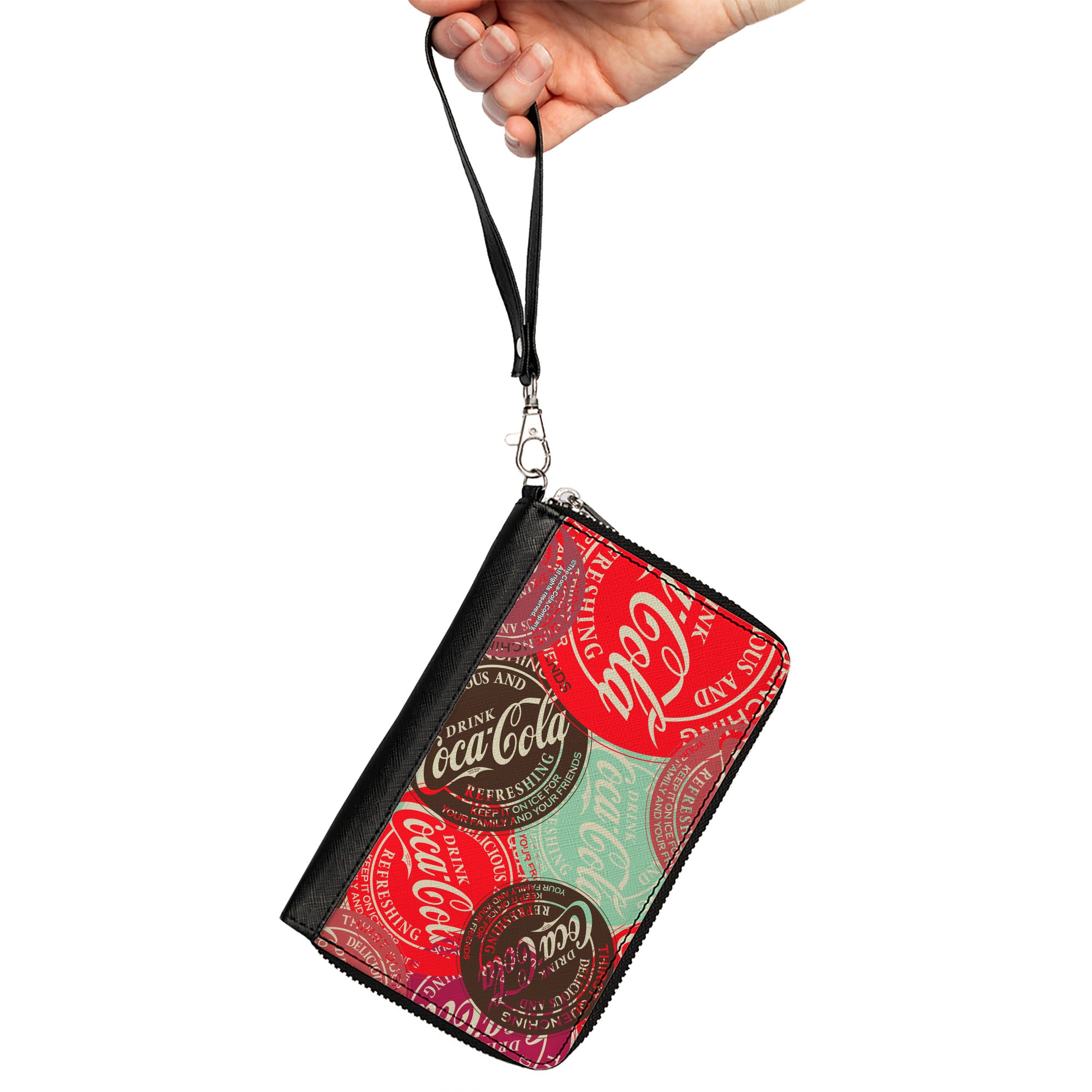 PU Zip Around Wallet Rectangle - DRINK COCA-COLA Coke Patches Stacked Reds/Multi Color Clutch Zip Around Wallets Coca-Cola