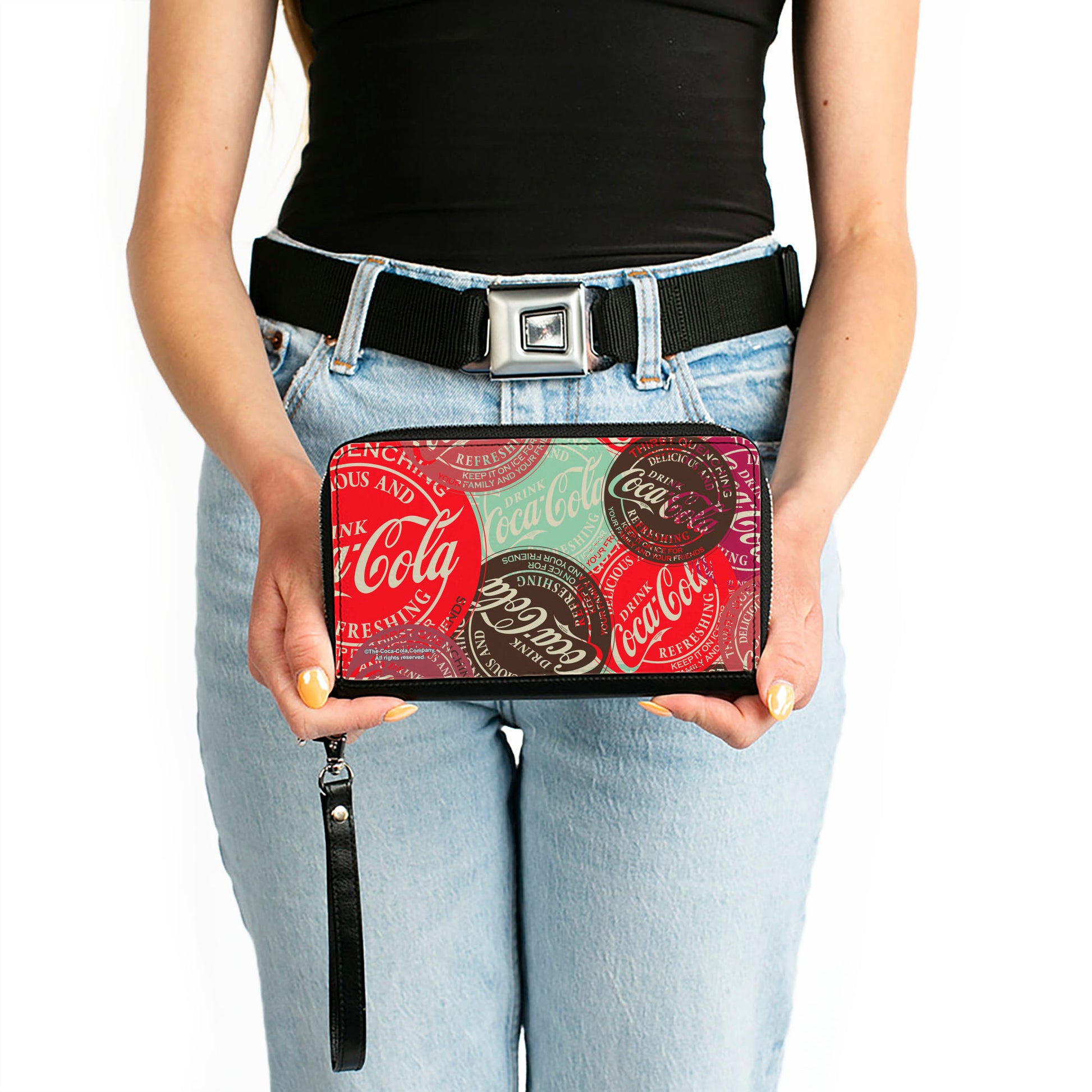 PU Zip Around Wallet Rectangle - DRINK COCA-COLA Coke Patches Stacked Reds/Multi Color Clutch Zip Around Wallets Coca-Cola