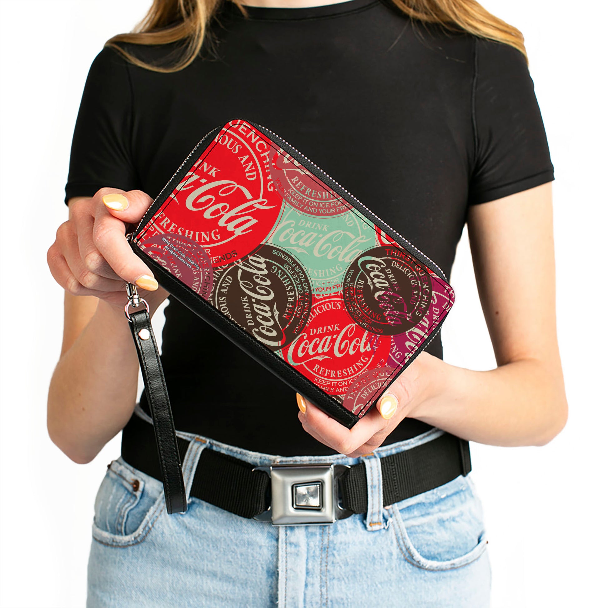 PU Zip Around Wallet Rectangle - DRINK COCA-COLA Coke Patches Stacked Reds/Multi Color Clutch Zip Around Wallets Coca-Cola