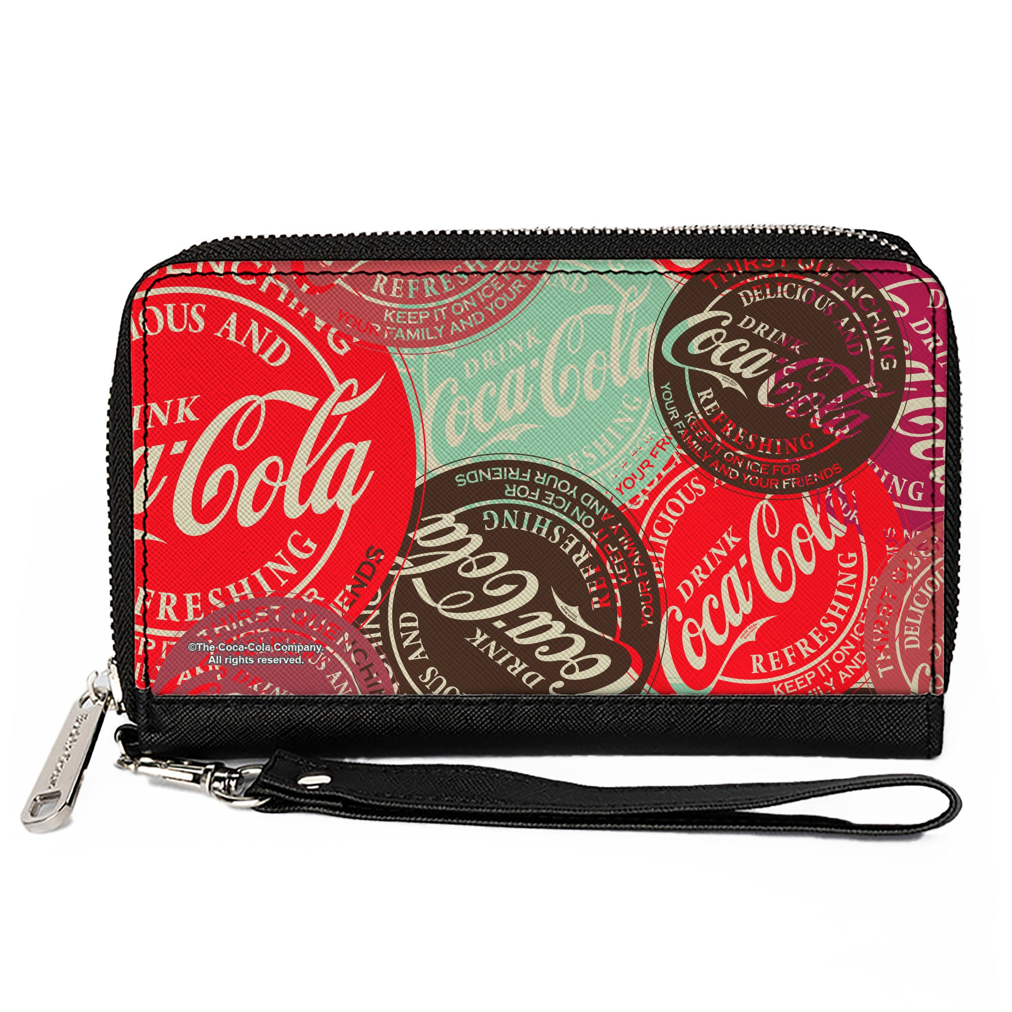 PU Zip Around Wallet Rectangle - DRINK COCA-COLA Coke Patches Stacked Reds/Multi Color Clutch Zip Around Wallets Coca-Cola