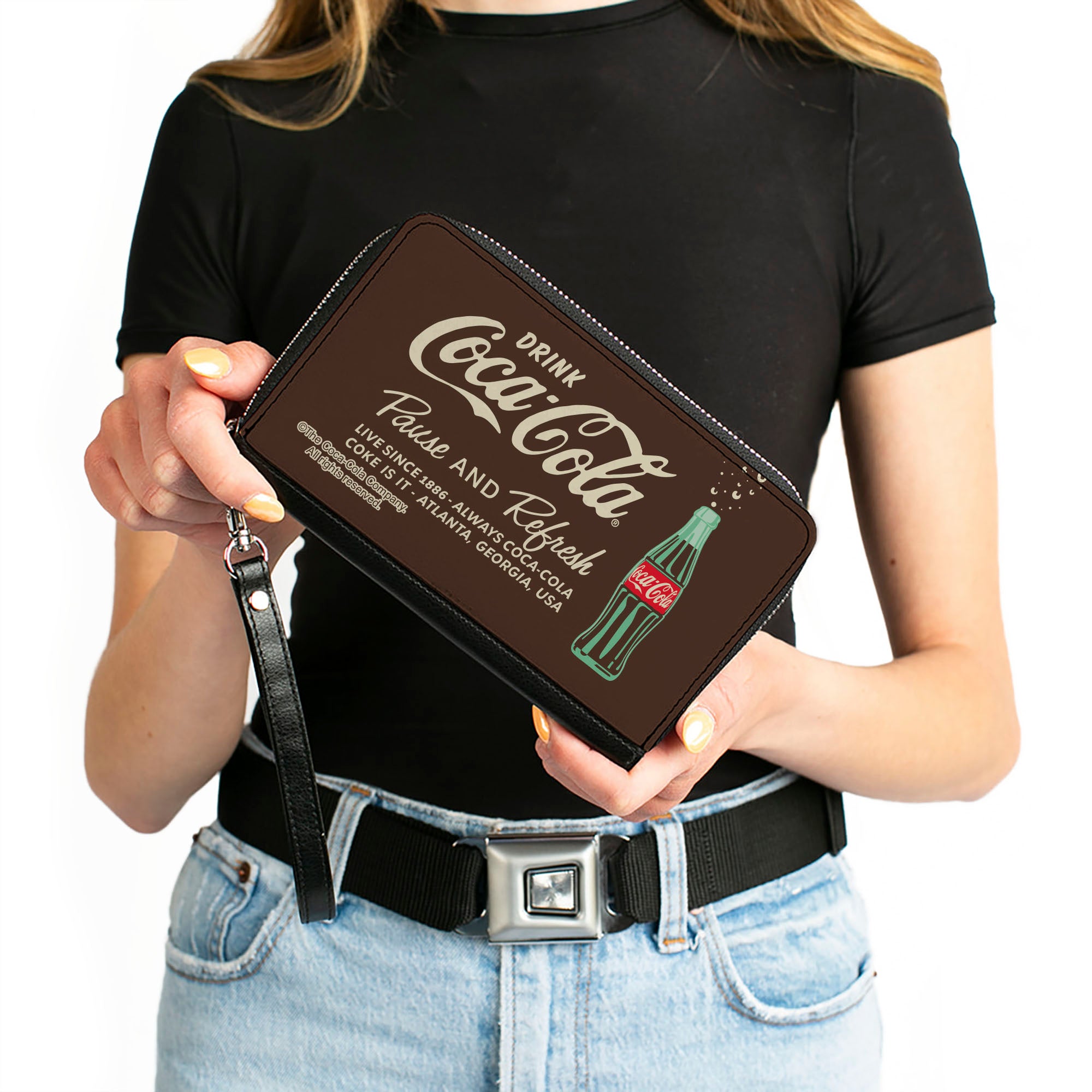 PU Zip Around Wallet Rectangle - DRINK COCA-COLA PAUSE AND REFRESH Bottle Brown/White Clutch Zip Around Wallets Coca-Cola