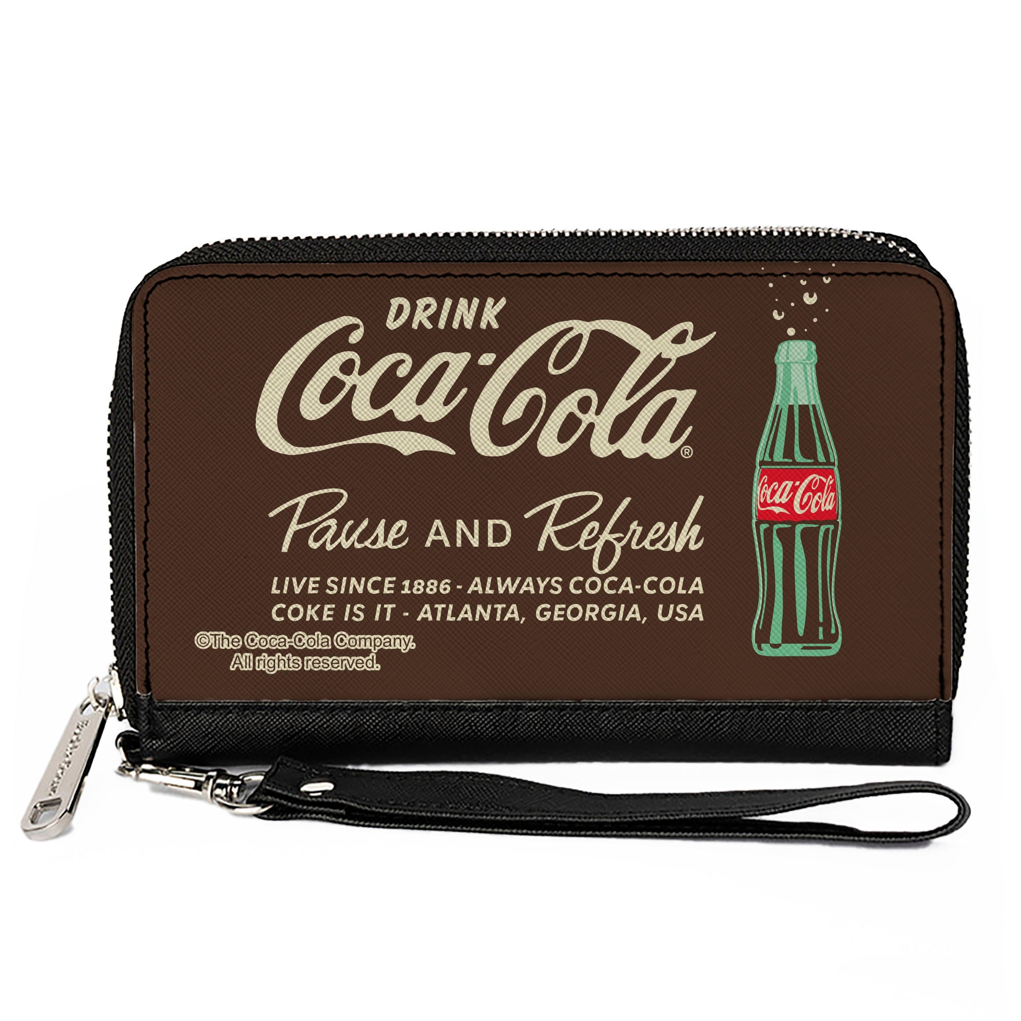 PU Zip Around Wallet Rectangle - DRINK COCA-COLA PAUSE AND REFRESH Bottle Brown/White Clutch Zip Around Wallets Coca-Cola