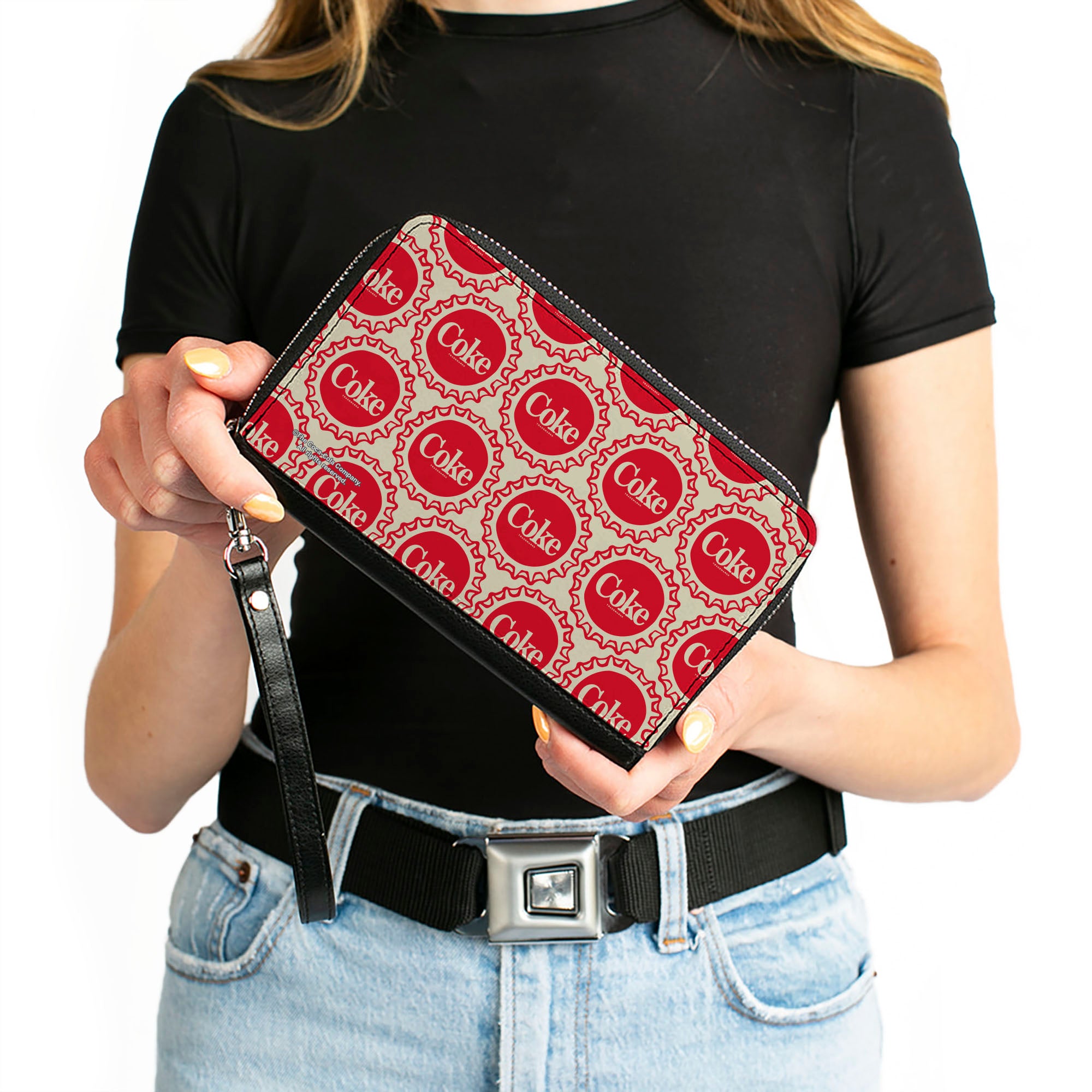 PU Zip Around Wallet Rectangle - Coca-Cola COKE Bottle Caps Collage White/Red Clutch Zip Around Wallets Coca-Cola