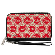 PU Zip Around Wallet Rectangle - Coca-Cola COKE Bottle Caps Collage White/Red Clutch Zip Around Wallets Coca-Cola