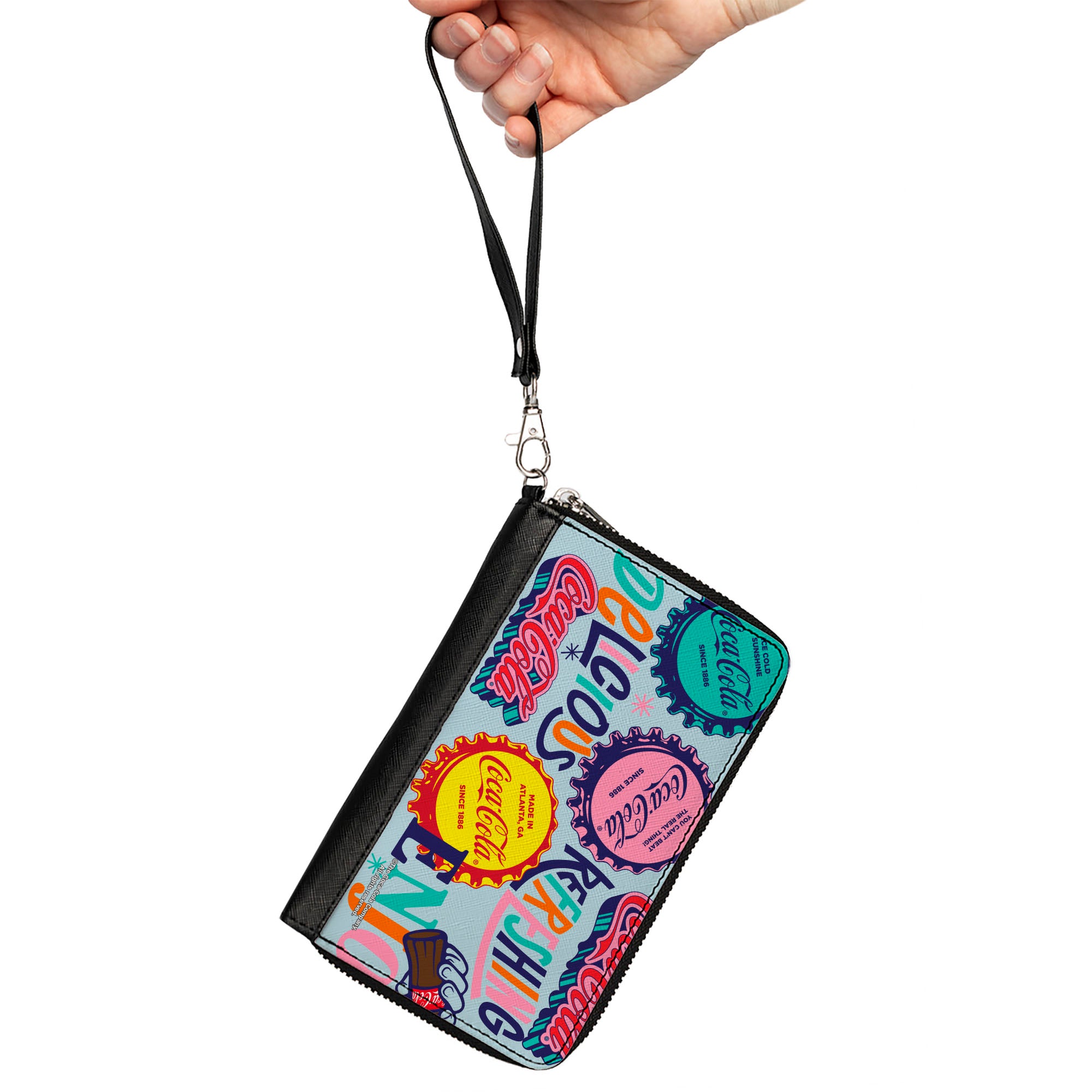 PU Zip Around Wallet Rectangle - COCA-COLA DELICIOUS REFRESHING Bottle Caps Light Blue/Multi Color Clutch Zip Around Wallets Coca-Cola