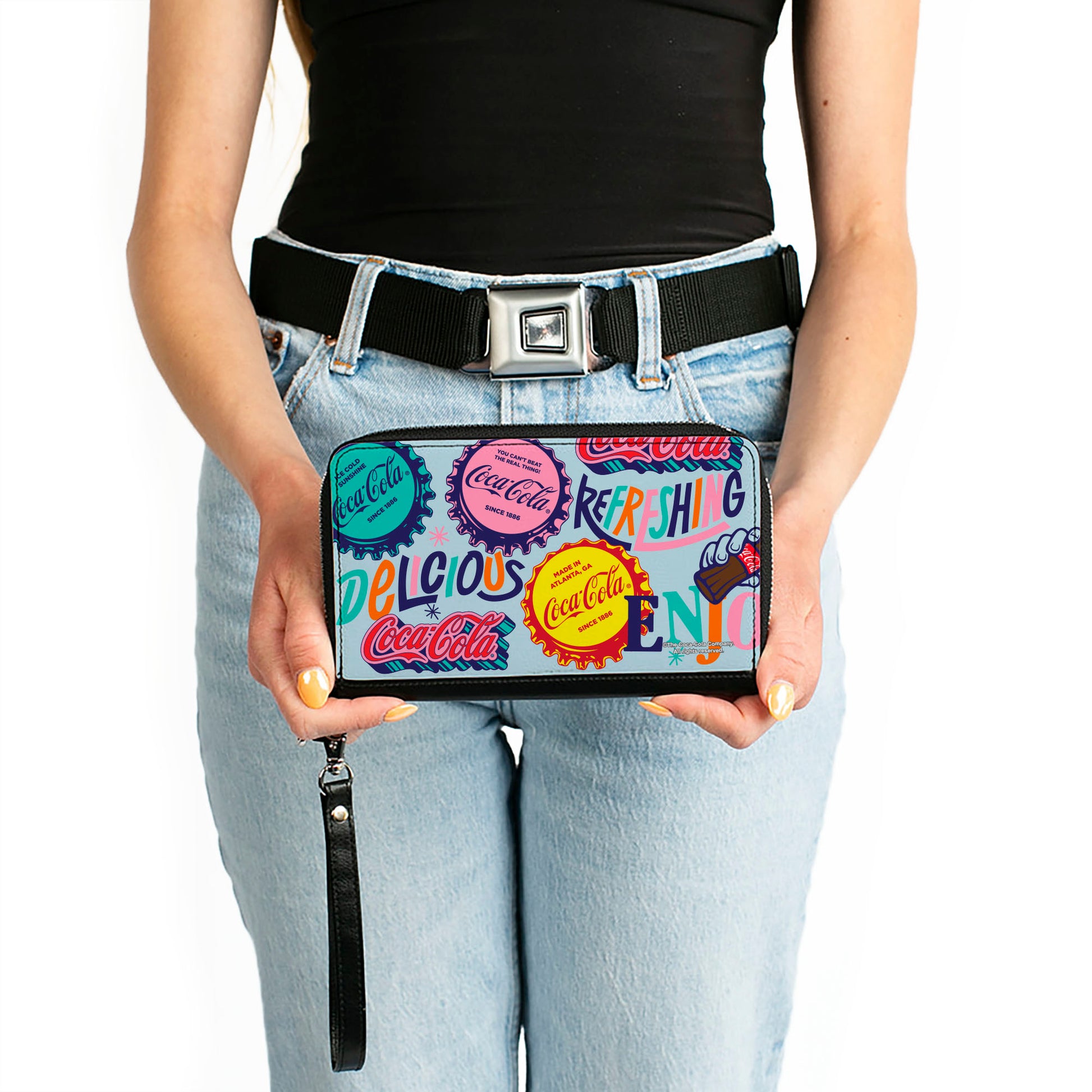 PU Zip Around Wallet Rectangle - COCA-COLA DELICIOUS REFRESHING Bottle Caps Light Blue/Multi Color Clutch Zip Around Wallets Coca-Cola