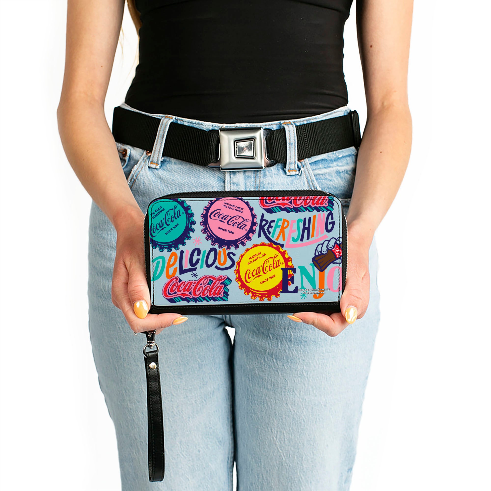 PU Zip Around Wallet Rectangle - COCA-COLA DELICIOUS REFRESHING Bottle Caps Light Blue/Multi Color Clutch Zip Around Wallets Coca-Cola
